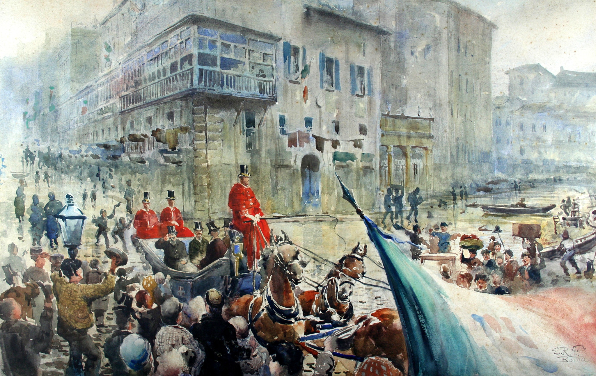 Ettore Roesler Franz - Entra di Vittorio Emanuele II a Roma durante l’inondazione del Tevere. Dicembre 1870 