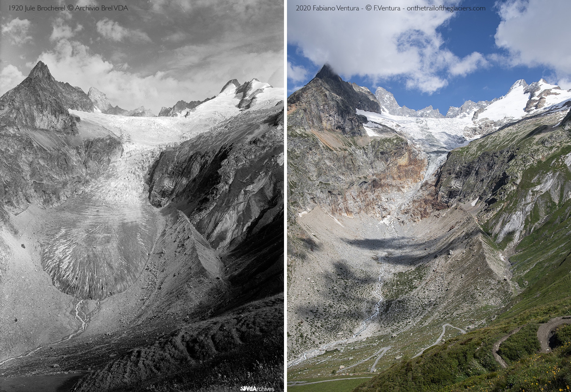 Il ghiacciaio del Miage. Un confronto tra una foto scattata nel 1920 (a sinistra) e oggi. Foto di Fabiano Venturi © Associazione Macromicro onthetrailoftheglaciers.com 