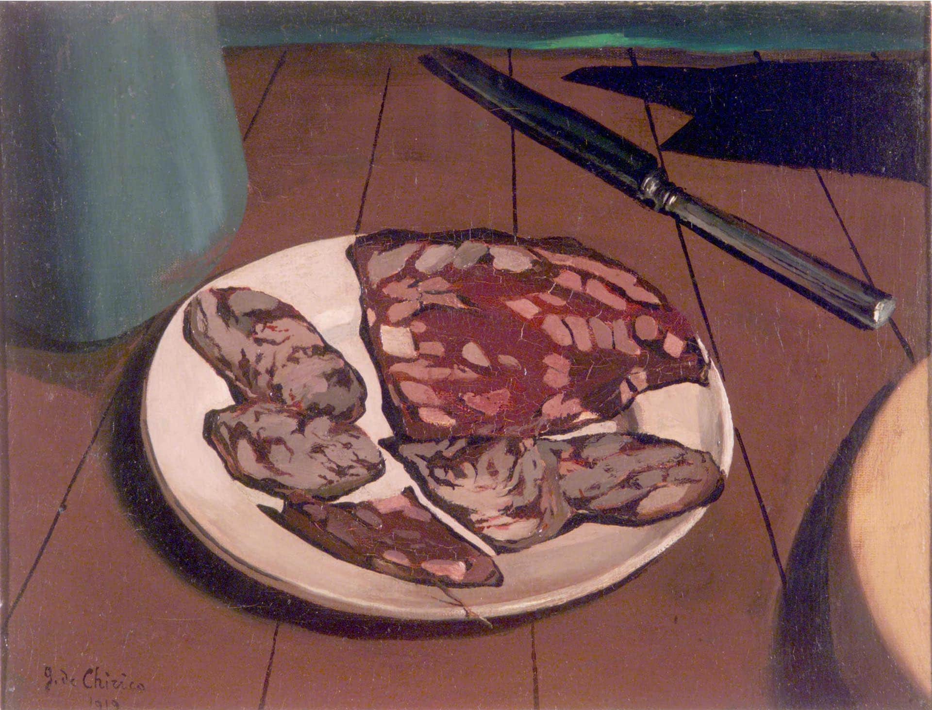 Giorgio de Chirico - Natura morta con salame (Vita silente di fette di salame e coltello) - 1919 - Olio su tela - Acquisto da collezione privata, Milano 1986