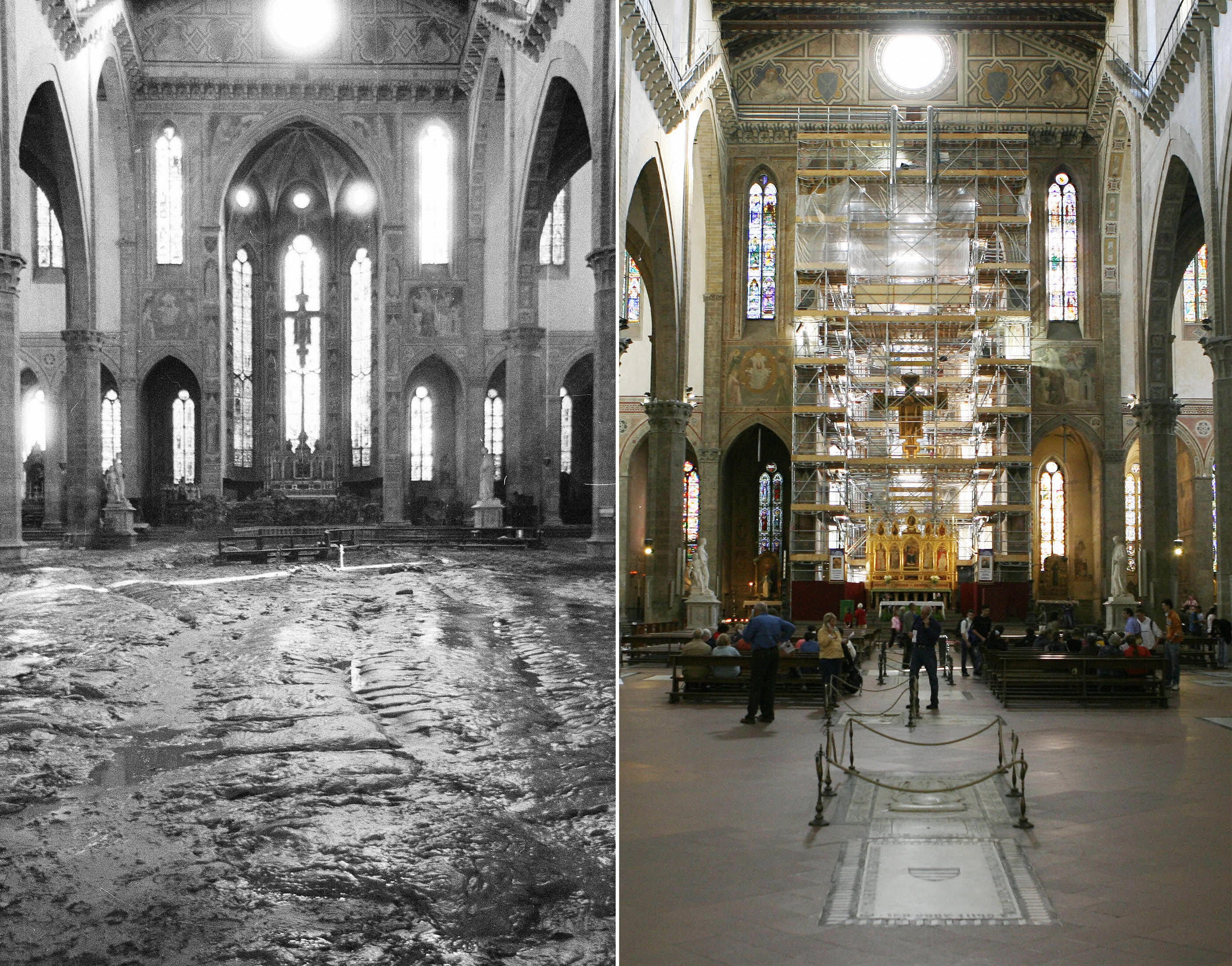 Un confronto dell'interno della Basilica di Santa Croce il 4 novembre 1966 e nel 2006