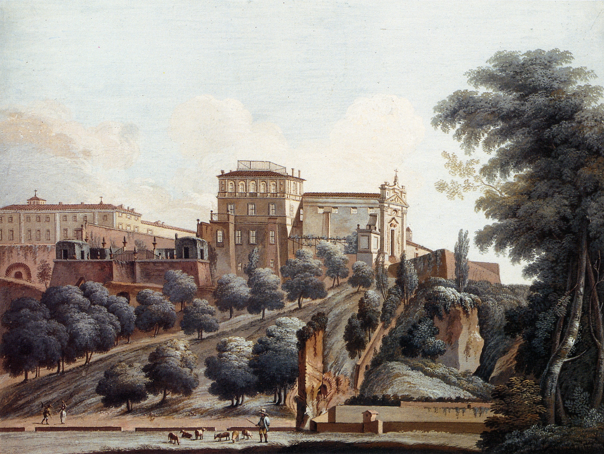 Anonimo, Veduta del Colle Aventino, Villa Magistrale e Chiesa Santa in Aventino, 1766-1848, gouache, Villa Magistrale, Roma
