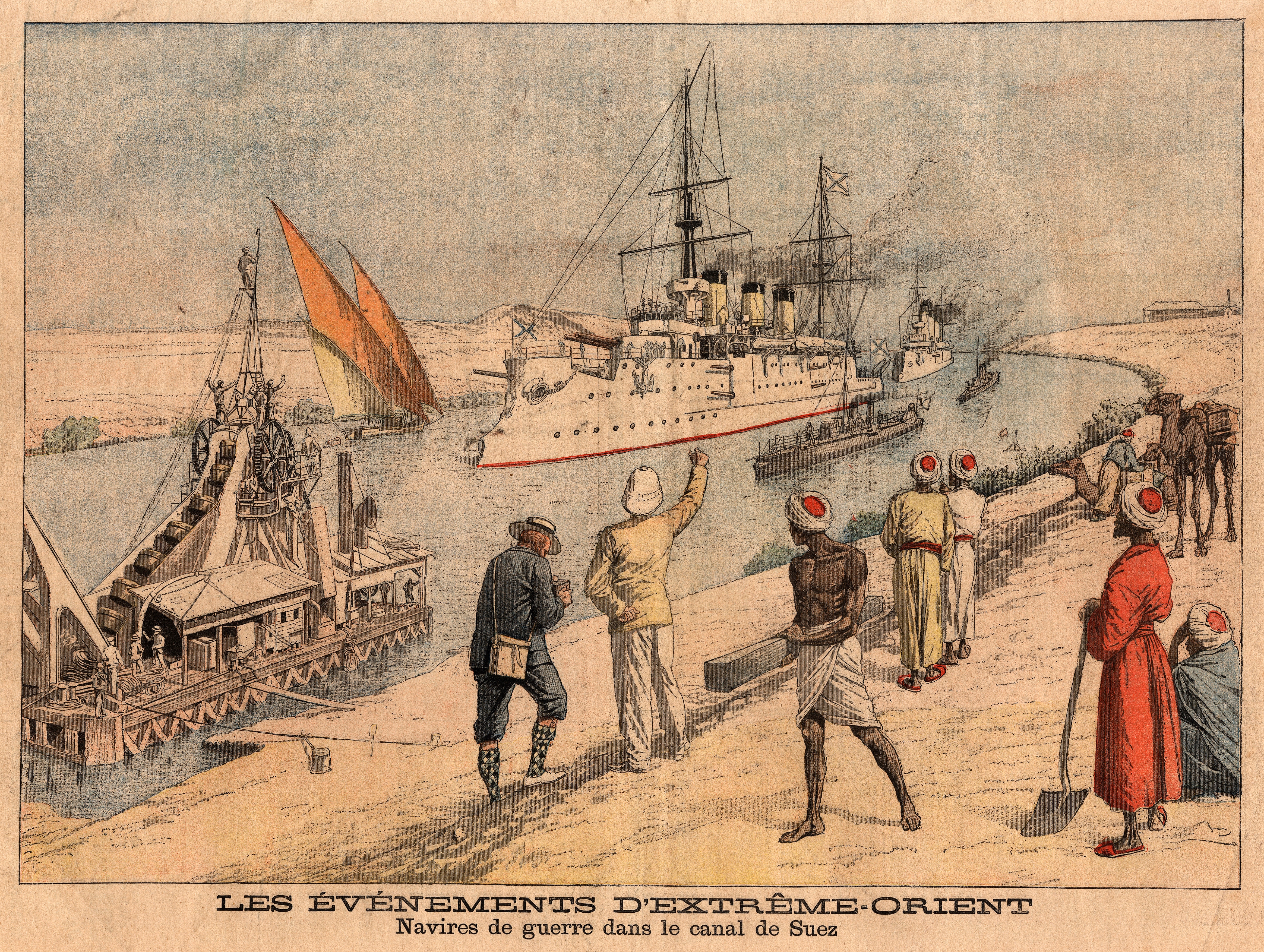 Una rivista francese del 1904 ritrae delle navi da guerra nel Canale di Suez