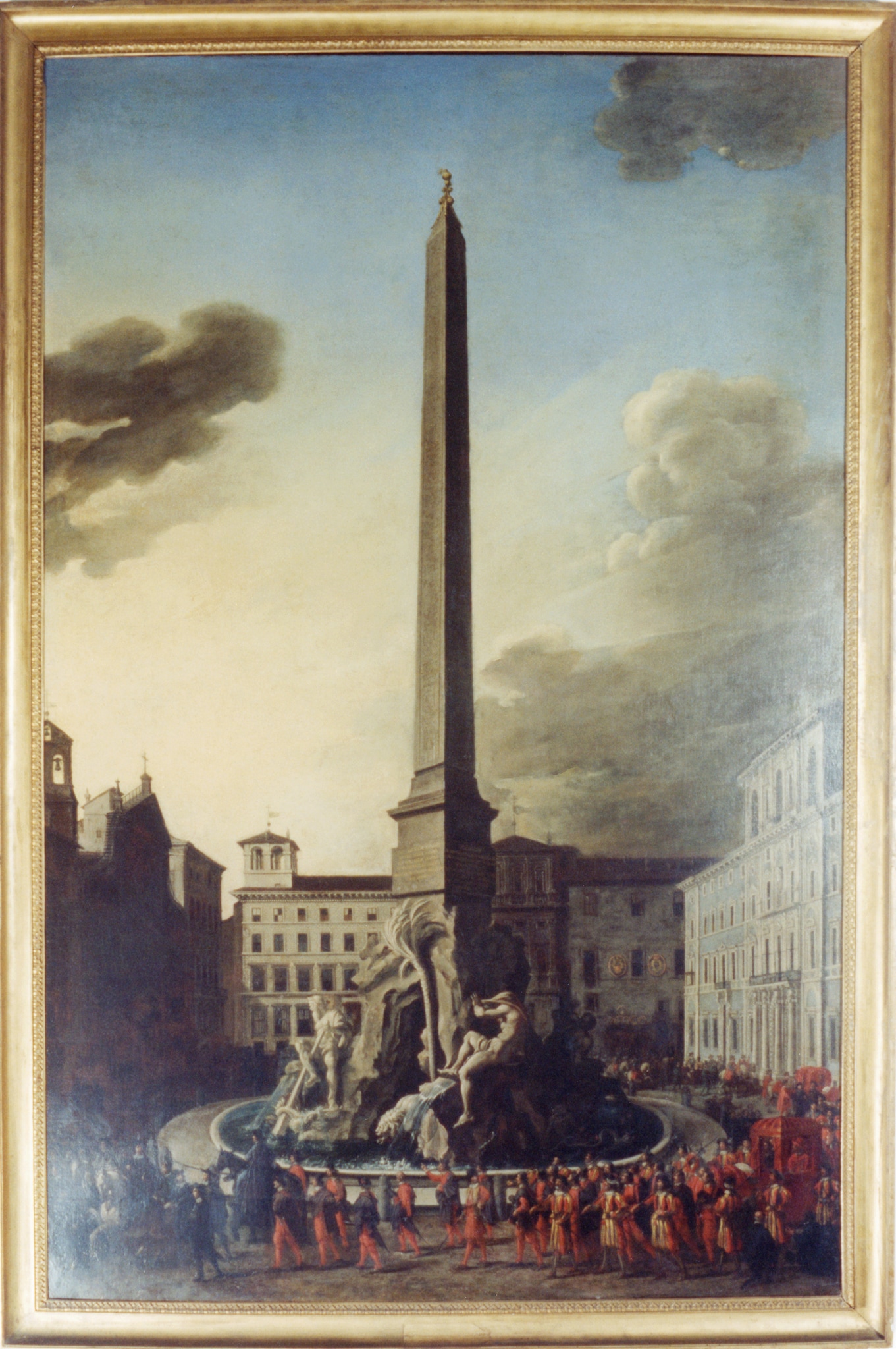Filippo Gagliardi (Roma 1606/1608 - 1659), attribuito "Visita di Innocenzo X alla Fontana dei Fiumi in Piazza Navona", 1651 circa. Olio su tela, 285 x 187 cm 