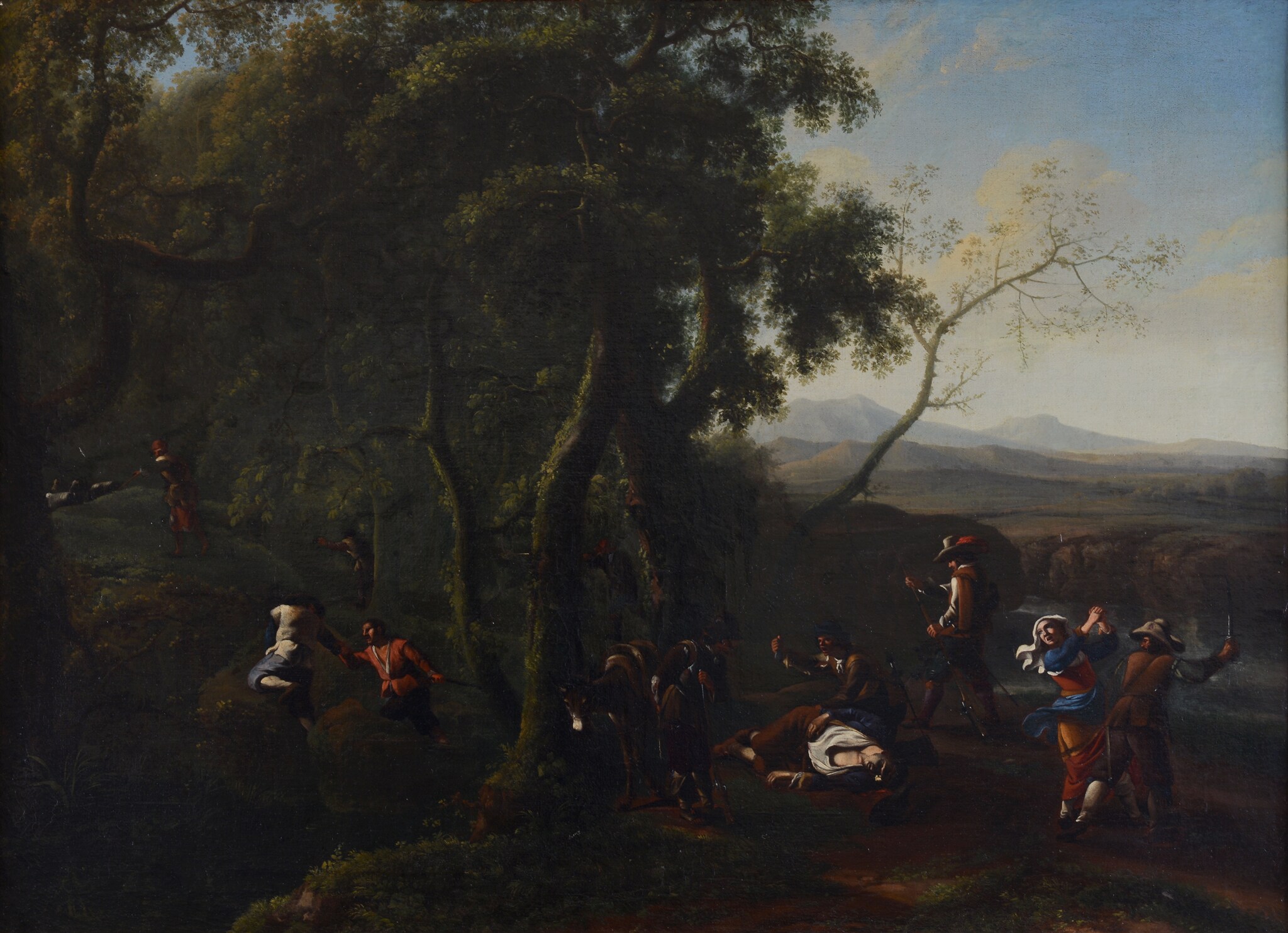 Jan Miel (Anversa 1599 - Torino 1663) " Scena di brigantaggio nella campagna romana", 1645-1650 circa. Olio su tela, 71,5 x 100 cm