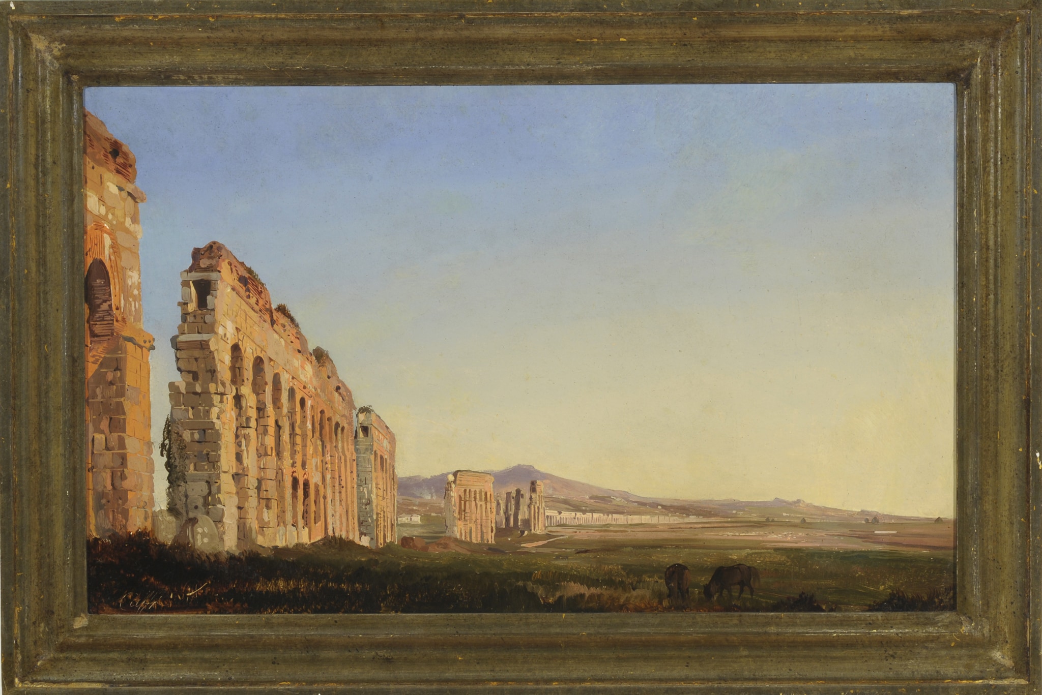Ippolito Caffi (Belluno 1809 - Lissa 1866) "Acquedotti romani al tramonto", 1843. Olio su carta riportata su tela 27,3 x 43,9 cm 