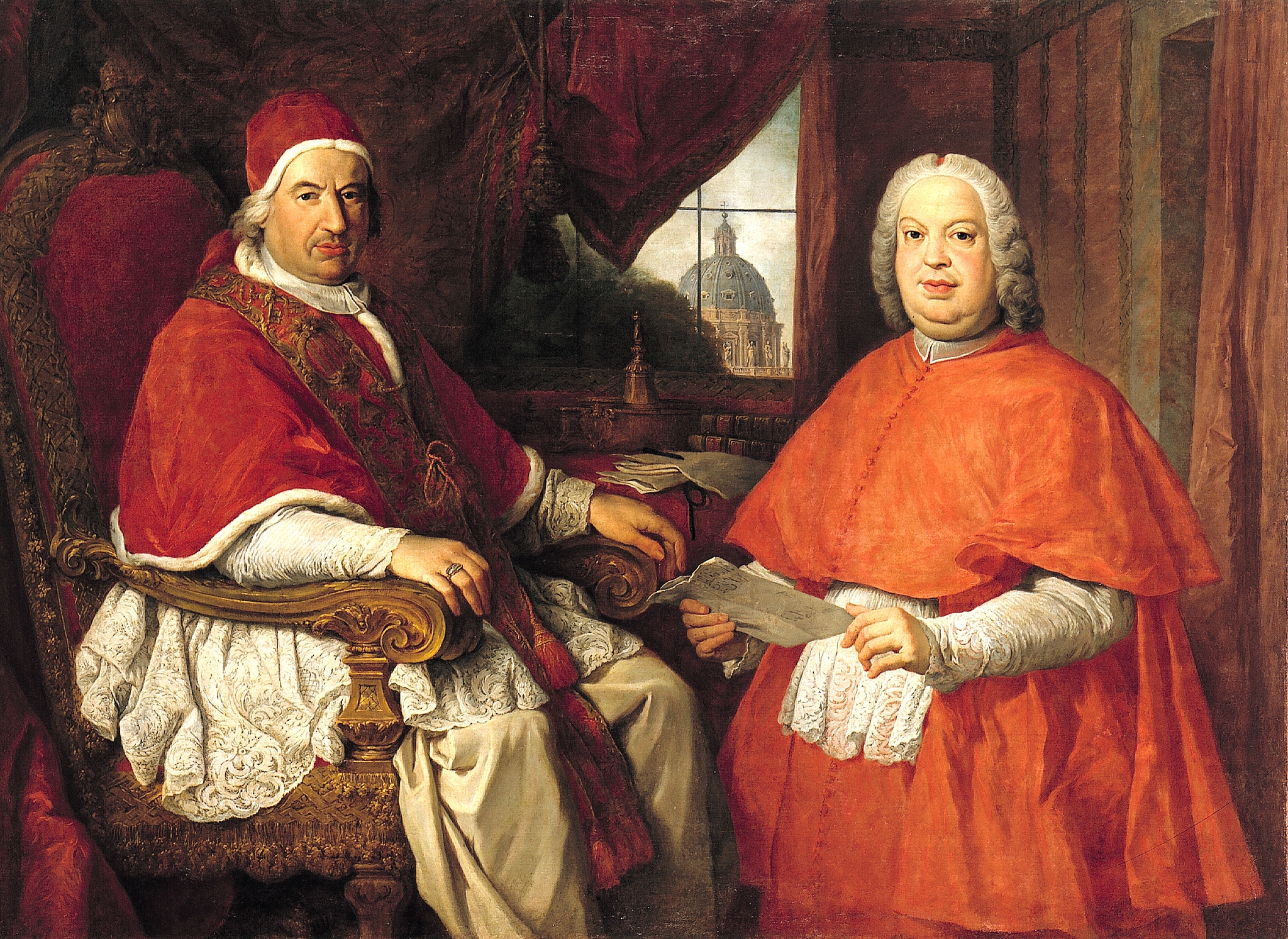 Giovanni Paolo Panini (Piacenza 1691 - Roma 1765) "Benedetto XIV Lambertini e il cardinale Silvio Valenti Gonzaga" 1750-1760 circa. Olio su tela, 131 x 178 cm 