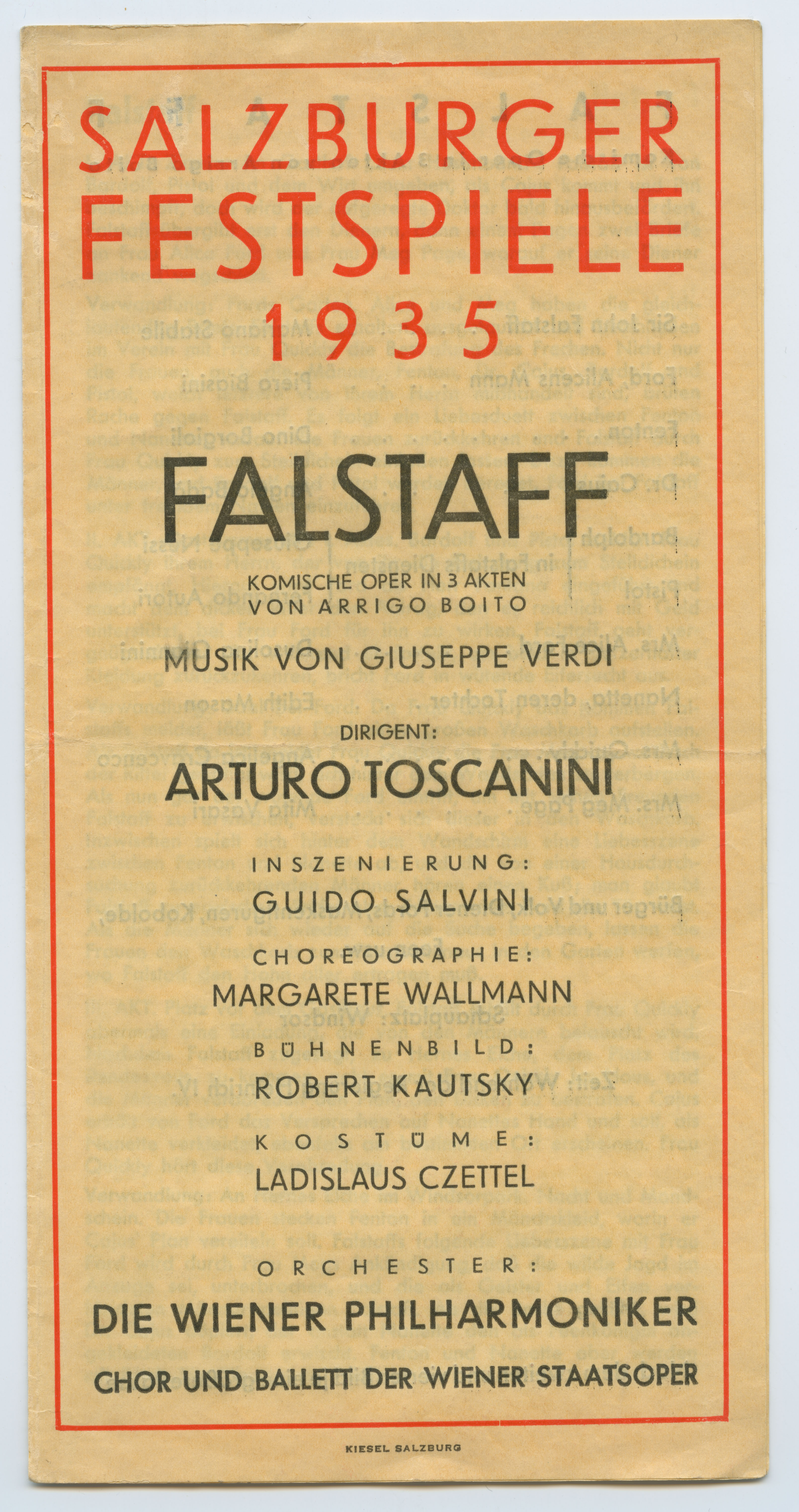 1935 Una locandina del Festival di Salisburgo annuncia una rappresentazione del "Falstaff" di Giuseppe Verdi, diretta da Arturo Toscanini.