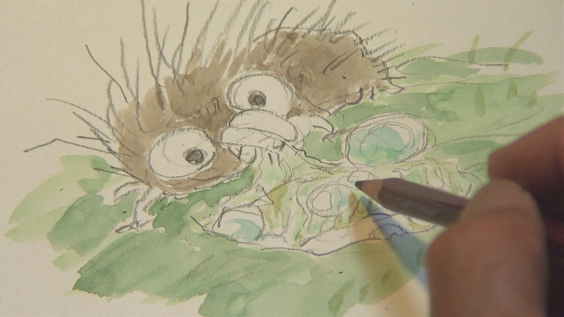 Miyazaki mentre disegna il bruco Boro, il suo ultimo cortometraggio. 2015