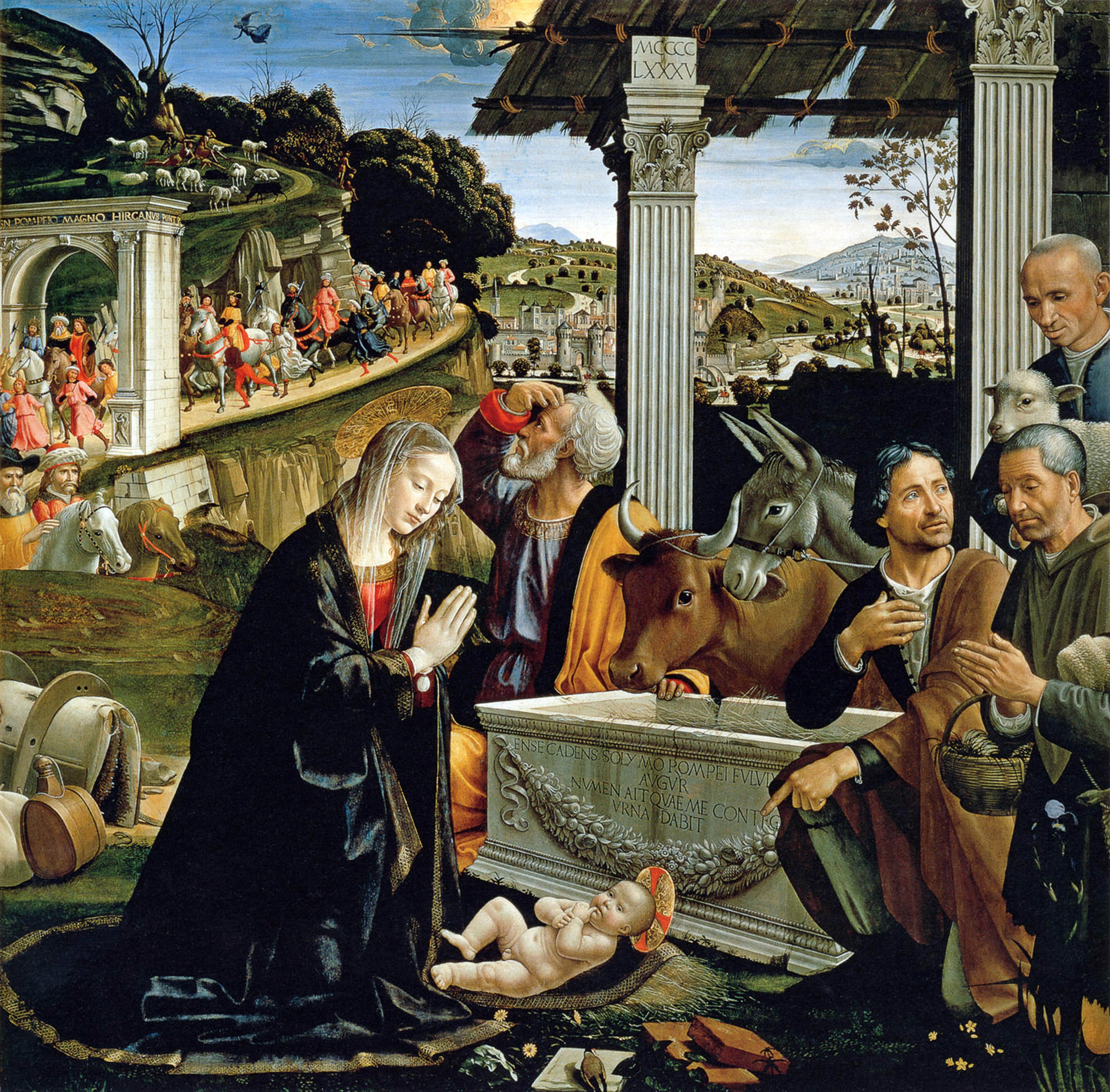 Adorazione dei pastori, Domenico Ghirlandaio, 1485, tempera su tavola, 167×167 cm. Basilica di Santa Trinita, Cappella Sassetti, Firenze. Credito: Photo12/Ann Ronan Picture Library/contrasto