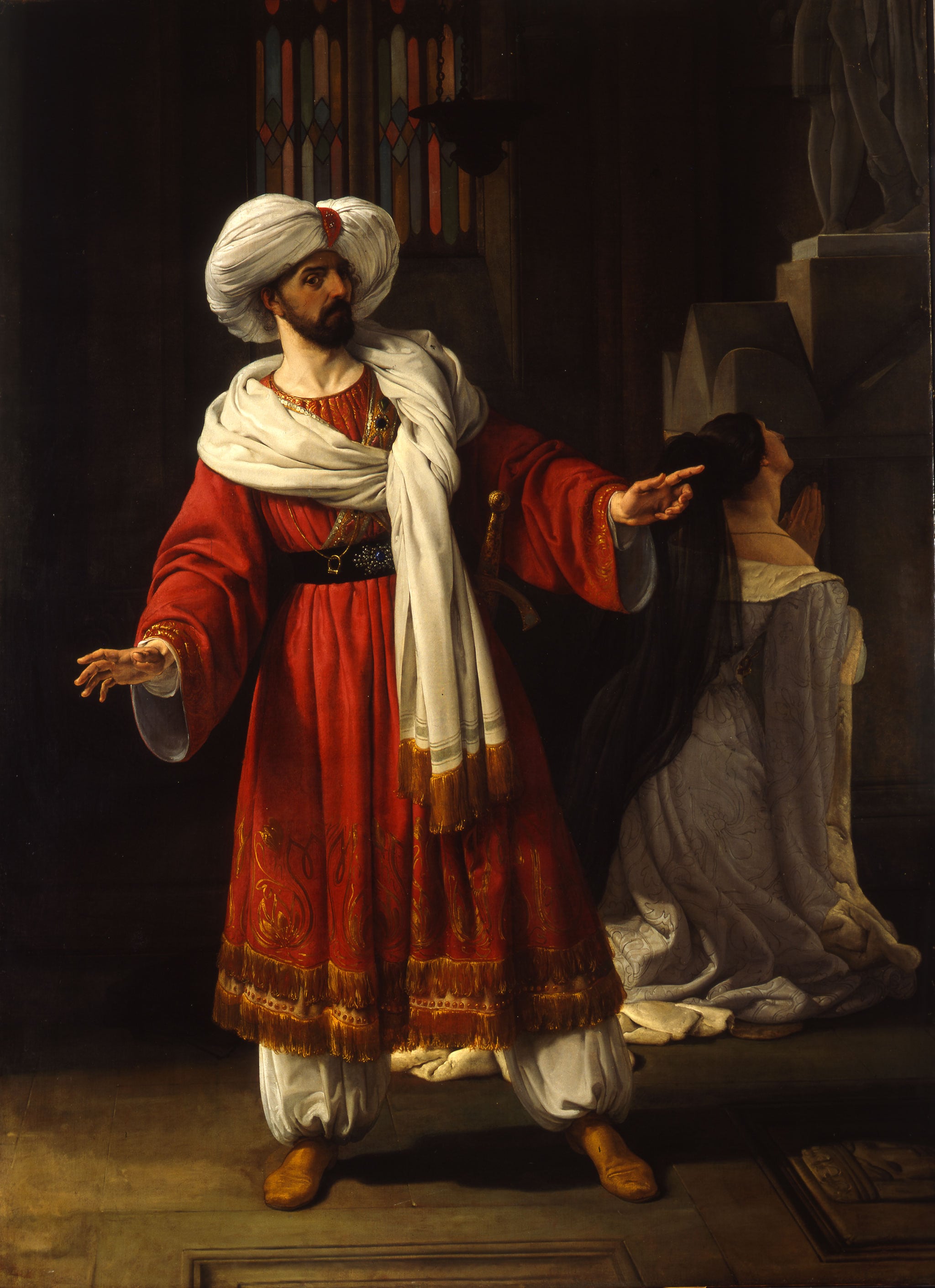 Francesco Hayez, Ritratto di Giovanni David sulla scena del melodramma "Gli arabi nelle Gallie", 1830. Pittura a olio su tela, 164 cm x 224 cm. Accademia di Belle Arti di Brera, Milano