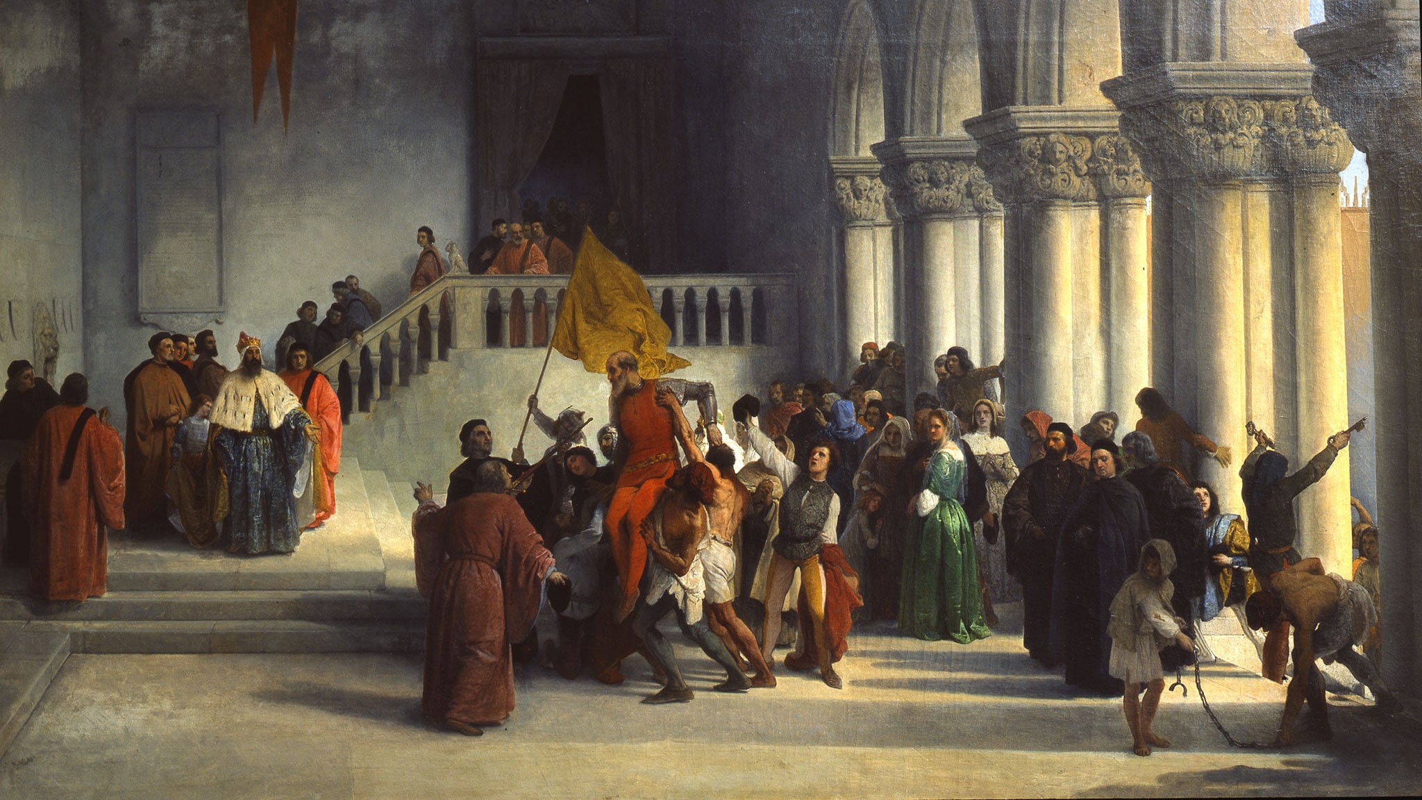 Francesco Hayez "Vittor Pisano liberato dal carcere", 1867. Pittura a olio su tela, 170 cm x 100 cm. Accademia di Belle Arti di Brera, Milano