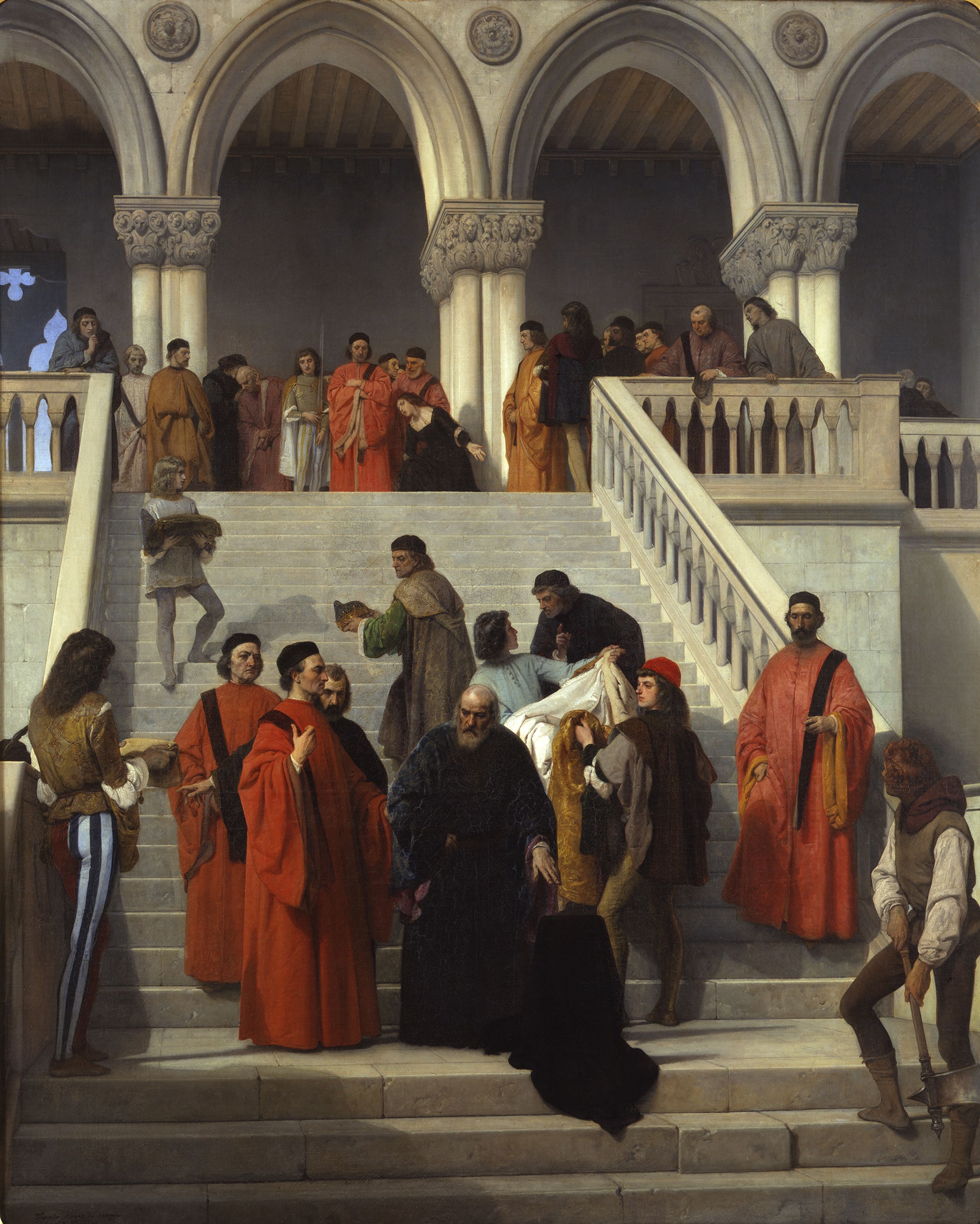 Francesco Hayez "Gli ultimi momenti del doge Marin Faliero sulla scala detta del piombo", 1867. Olio su tela, 238 x 192 cm. Pinacoteca di Brera, Milano.