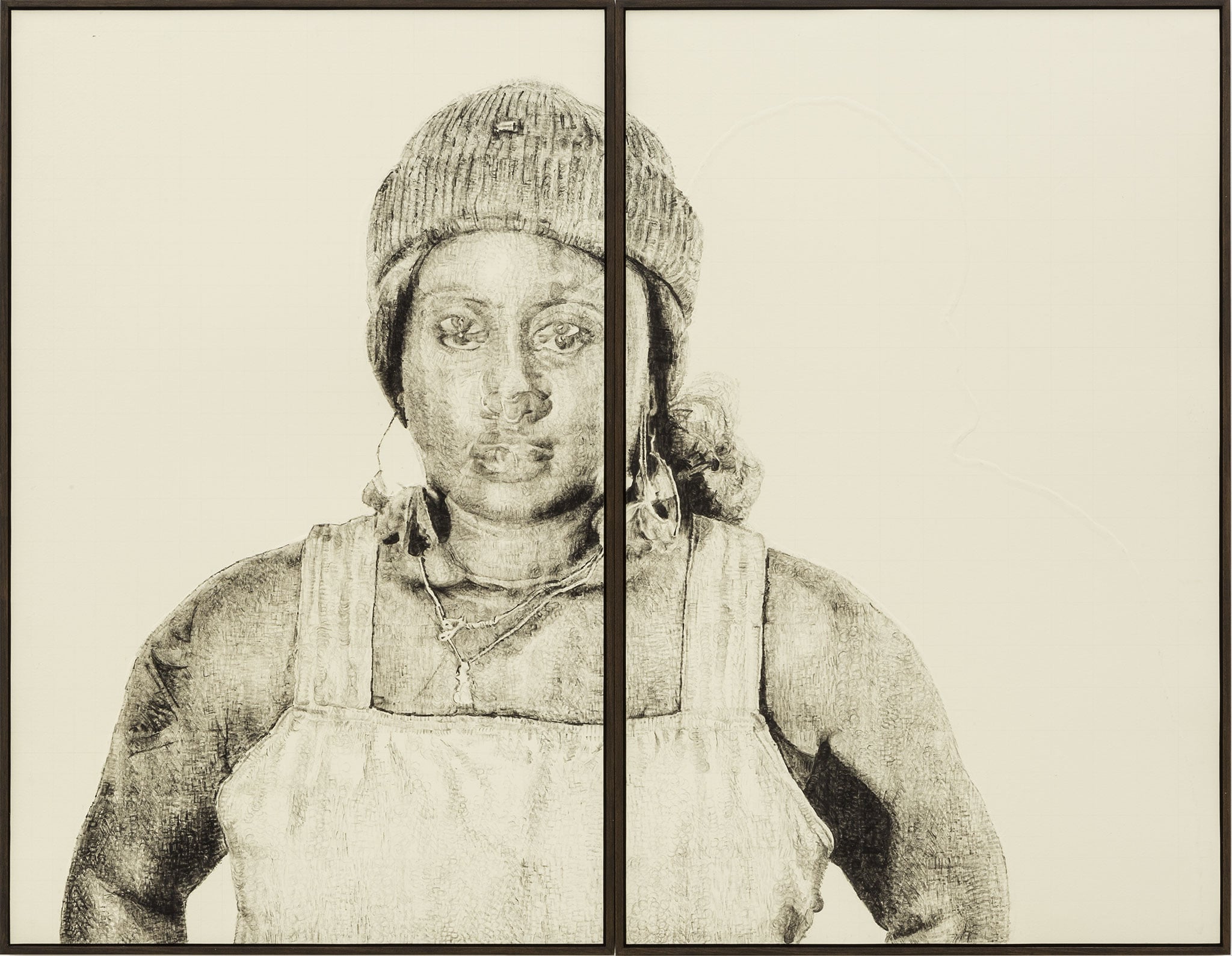 Kenturah Davis “Parallel Conditions”, 2018. Pittura ad olio applicata con timbri di lettere in gomma e griglia in grafite su carta Mohachi goffrata, 2 pannelli 112 x 77 cm. Foto dell'opera per gentile concessione dell'artista e della Matthew Brown Gallery 