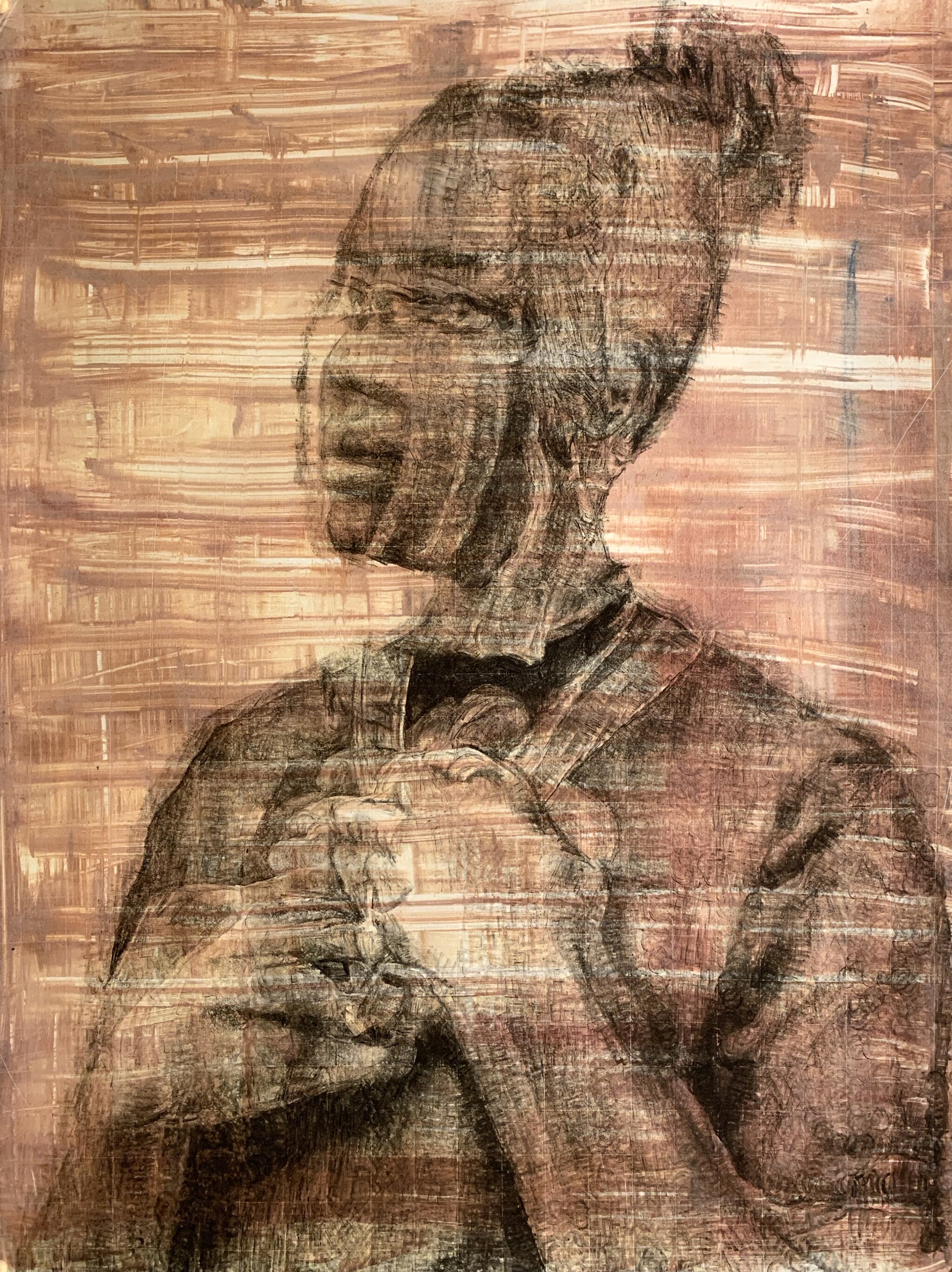 Kenturah Davis "The Bodily Effect of a Color (Amani)", 2020. Pittura ad olio applicata con timbri di lettere in gomma, monostampa a colori su carta Chine-collé, 74x56 cm. Foto dell'opera per gentile concessione dell'artista e la Galleria Anna Marra 74x56 cm image courtesy of the Artist and Galleria Anna Marra