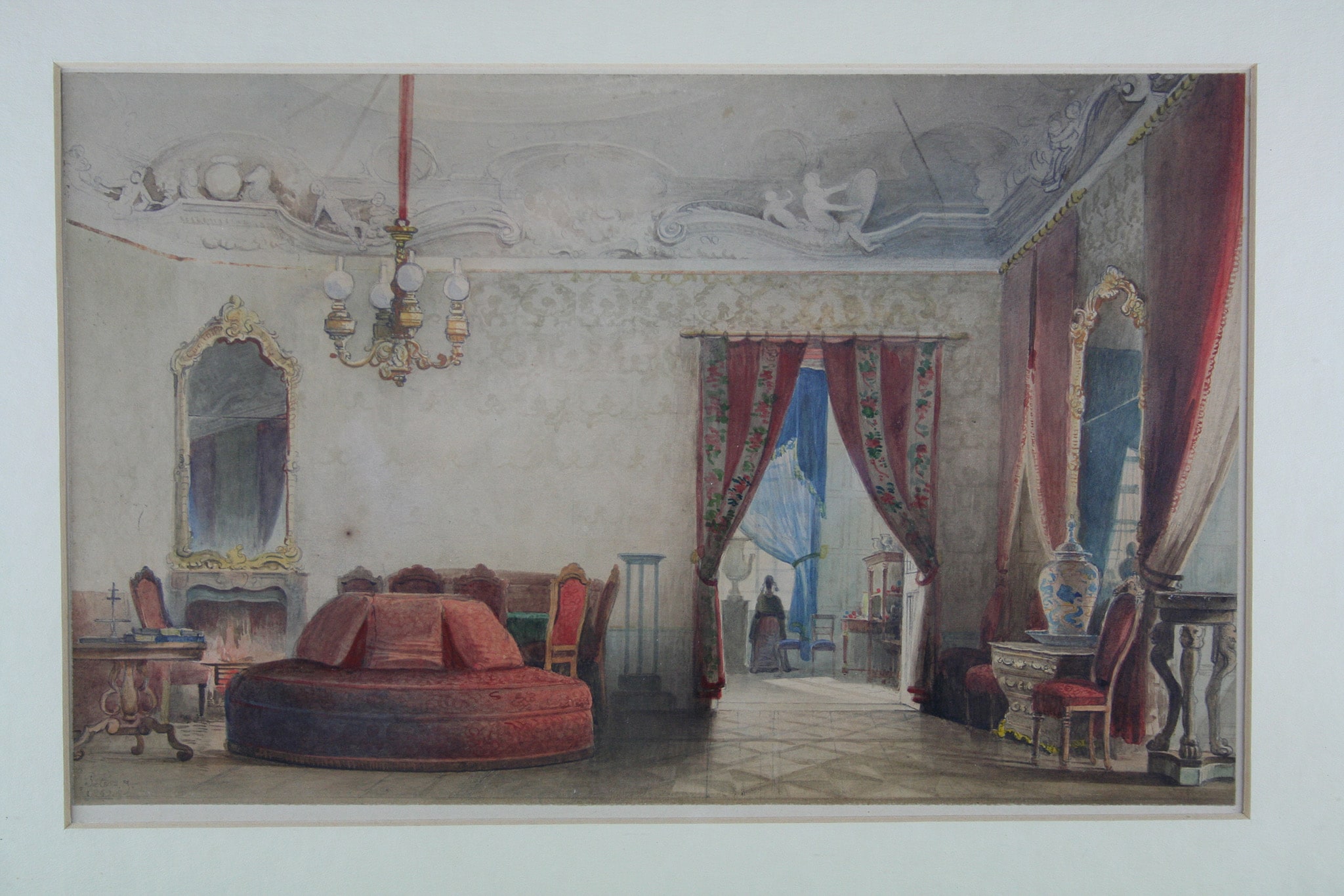 Pieter Francis Peters (1818-1903) "Sala del Castello di Mannheim", 1842. Acquerello su carta montato su tela, 21 x 33,3 cm 