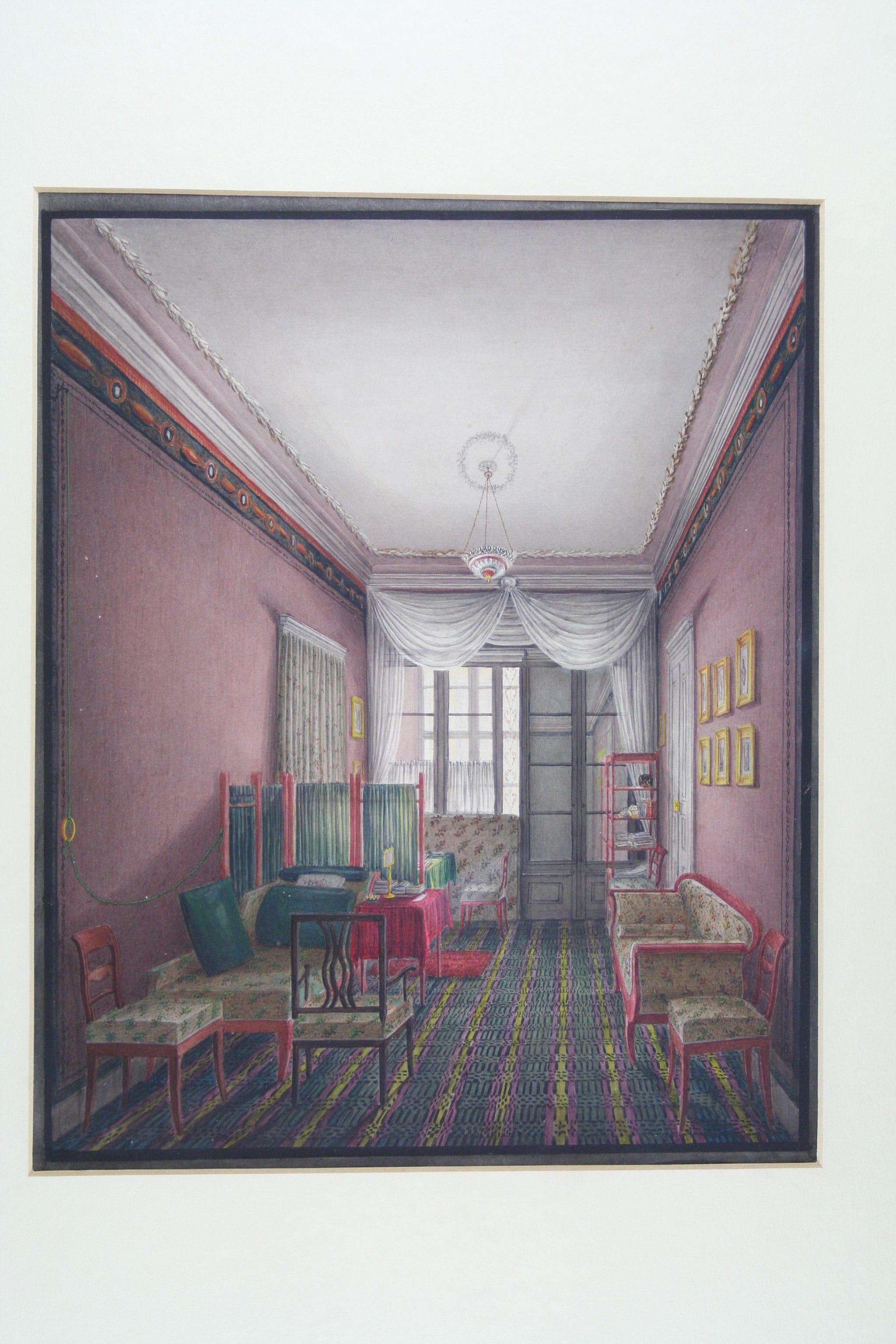 Artista austriaco “Piccola stanza di soggiorno con pareti color rosa violaceo”, 1820-30 ca. Acquerello su carta, 31,4 x 25,5 cm. 