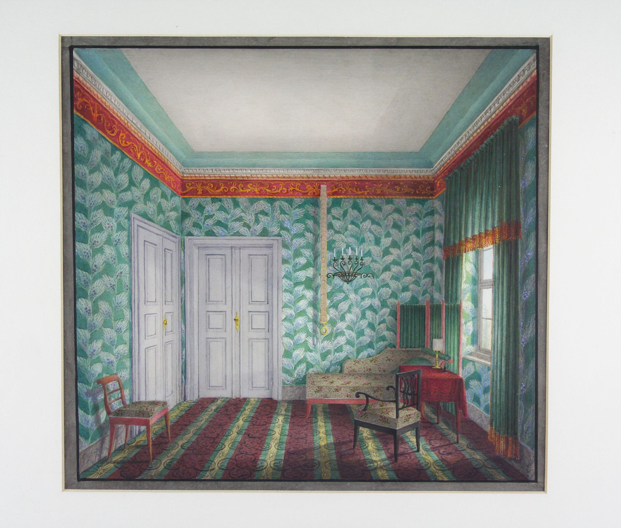 Artista austriaco“Piccola stanza di soggiorno con parato verde a fogliame” 1820-30 ca. Acquerello su carta, 28 x 29,3 cm. 