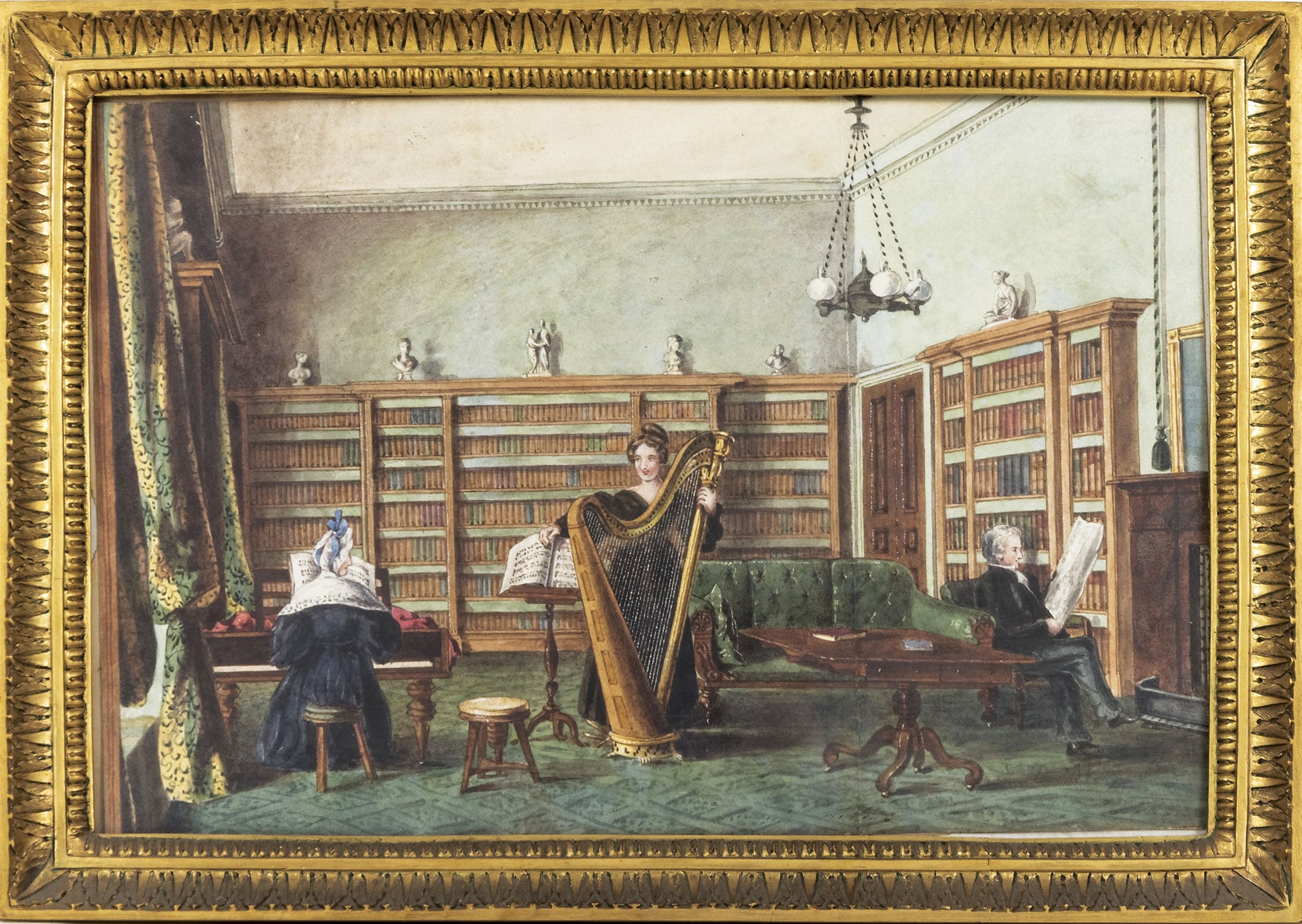 Artista inglese “Sala da musica e biblioteca”, 1830 ca. Acquerello su carta, 17,3 x 25,7 cm.
