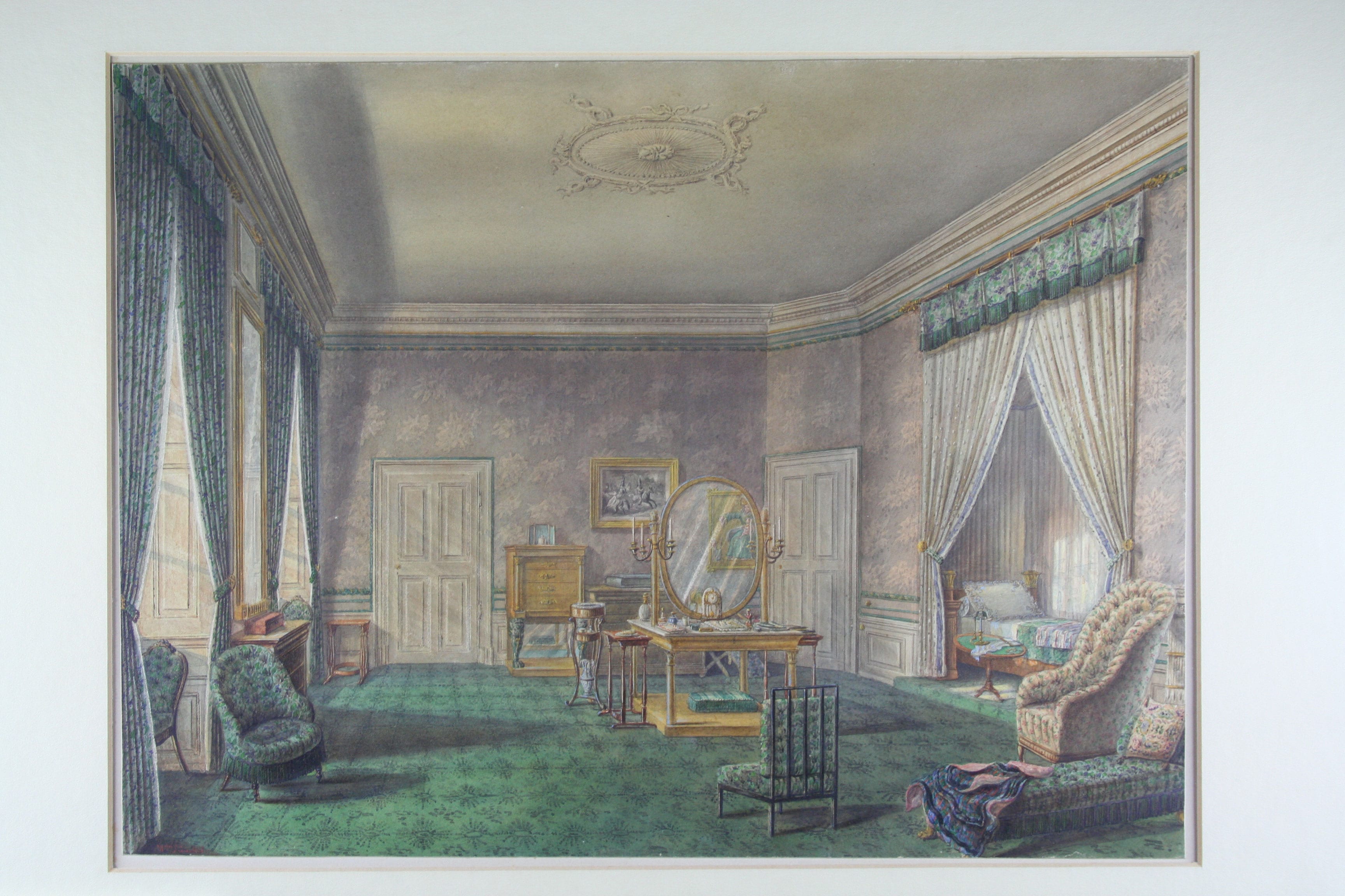William Dünkel (1818-1880) “Camera da letto del Castello di Mannheim”, 1850 ca. Acquerello su cartone, 32,6 x 43,3 cm. 
