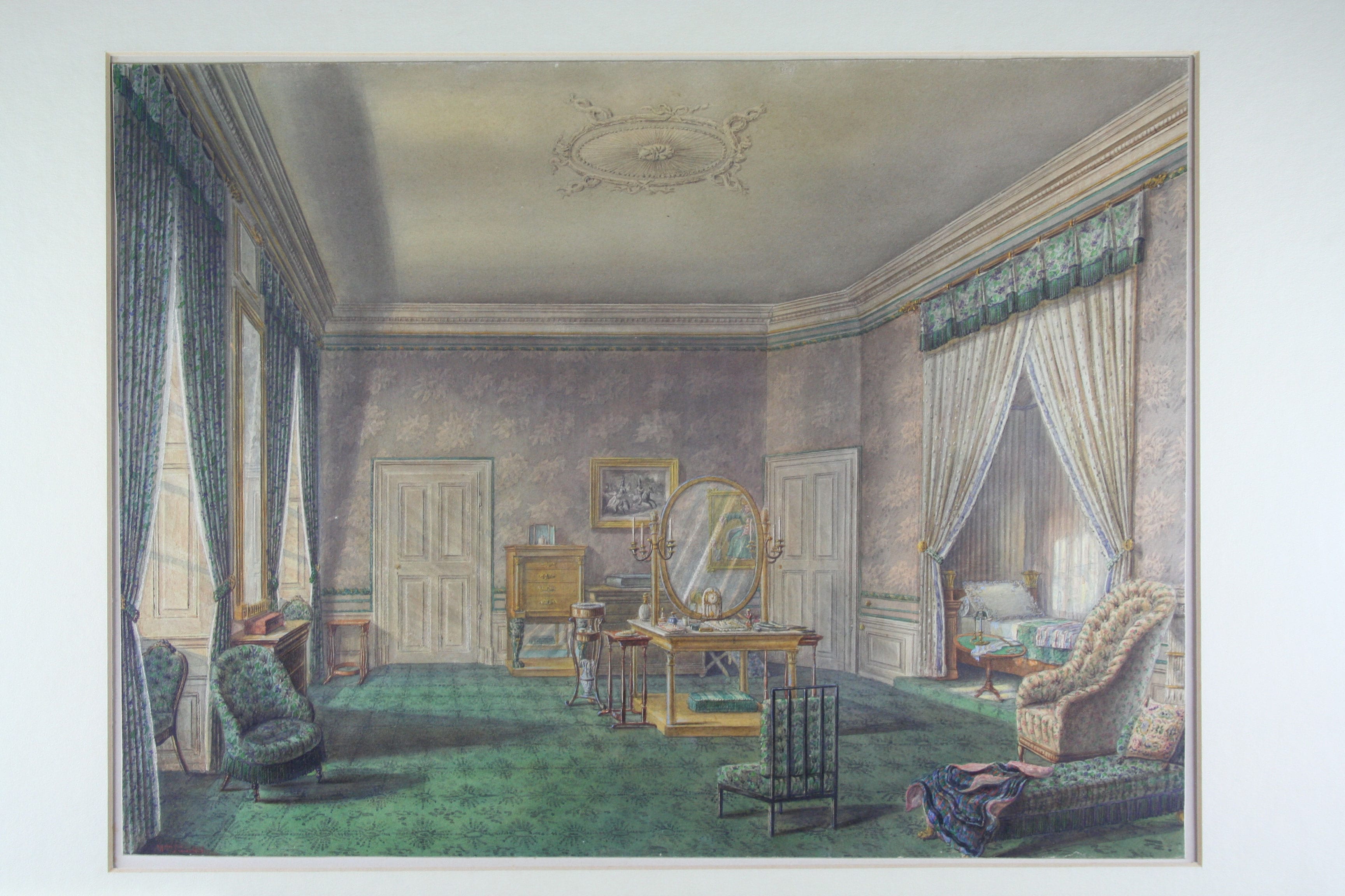 William Dünkel (1818-1880) “Camera da letto del Castello di Mannheim”, 1850 ca. Acquerello su cartone, 32,6 x 43,3 cm. 