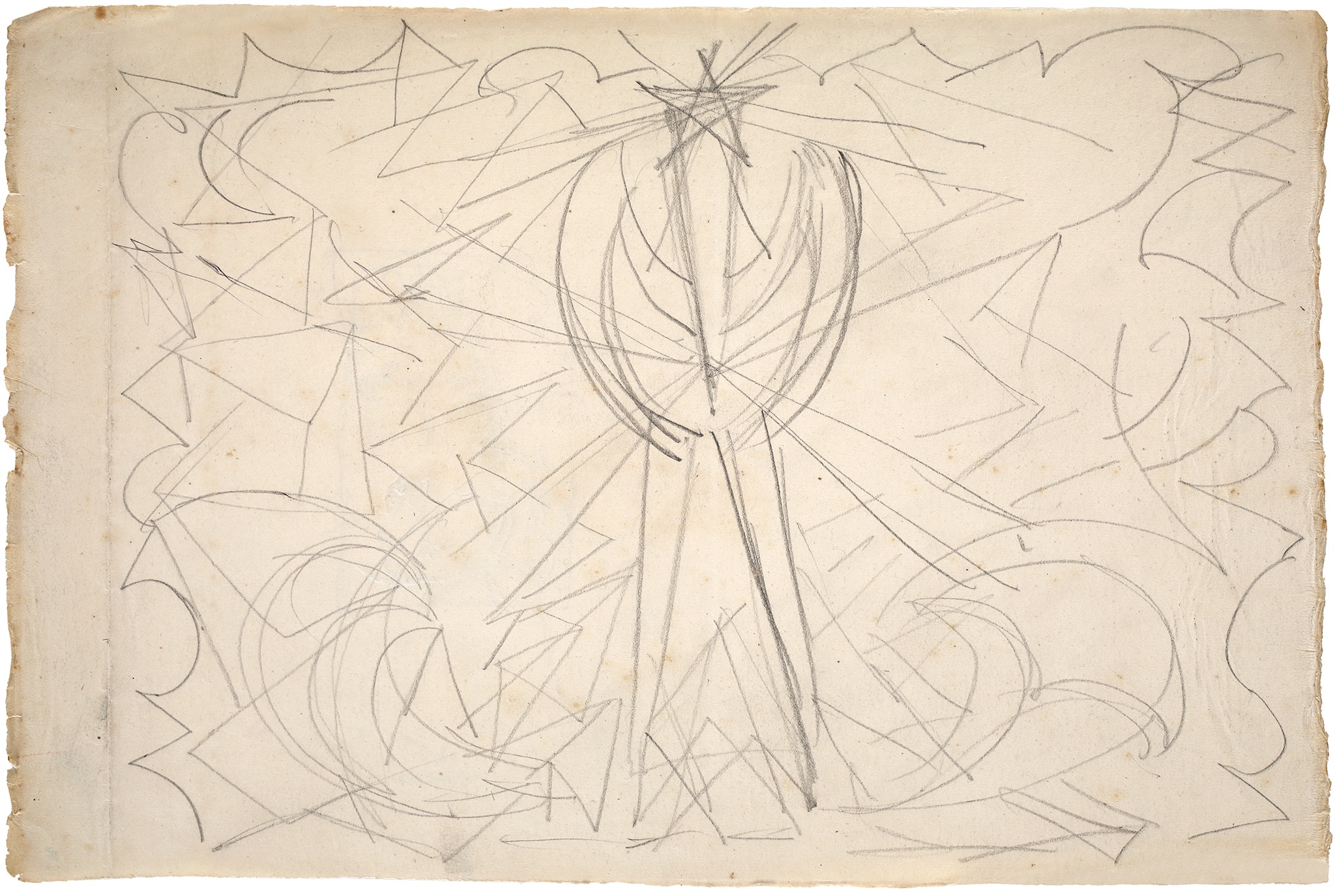 Giacomo Balla "Genio Futurista – studio", 1925 ca. Matita su carta, 220 x 330 mm L’opera è un primo studio preparatorio per il grande dipinto omonimo su tela d’arazzo esposto all’ Exposition Internationale des Arts Decoratifs a Parigi nel giugno 1925 