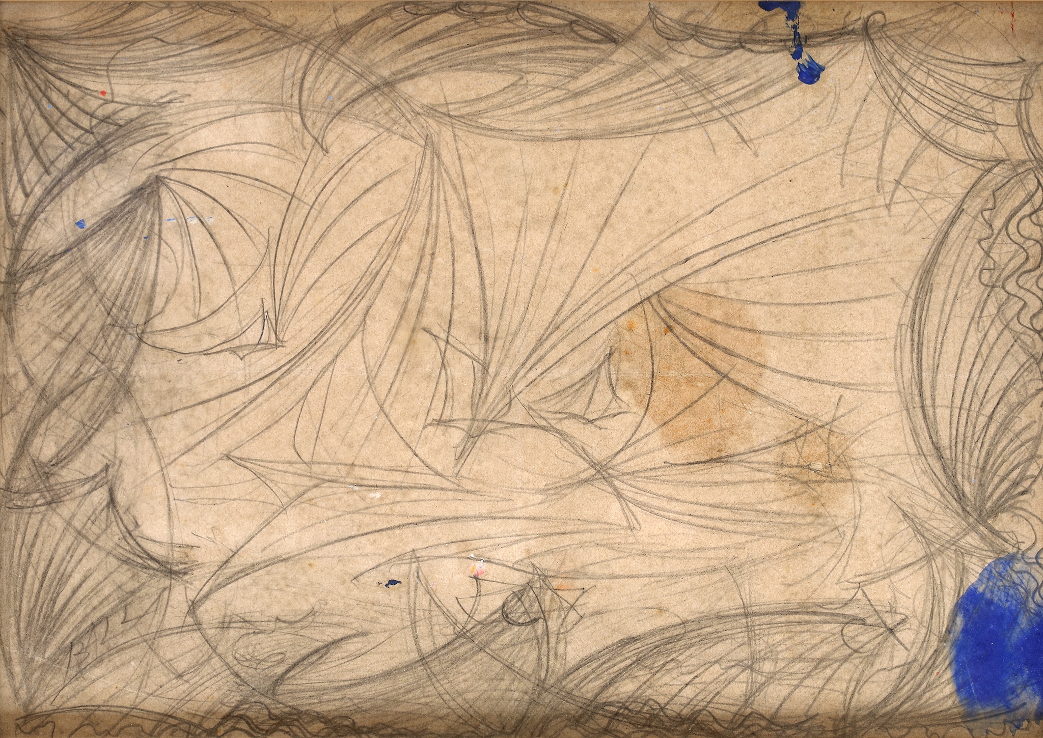 Giacomo Balla "Mare velivolato - studio" 1925 ca. Matita su carta, 185 x 270 mm. L’opera è un primo studio preparatorio per il grande dipinto omonimo su tela d’arazzo esposto all’Exposition Internationale des Arts Decoratifs a Parigi nel giugno 1925. 