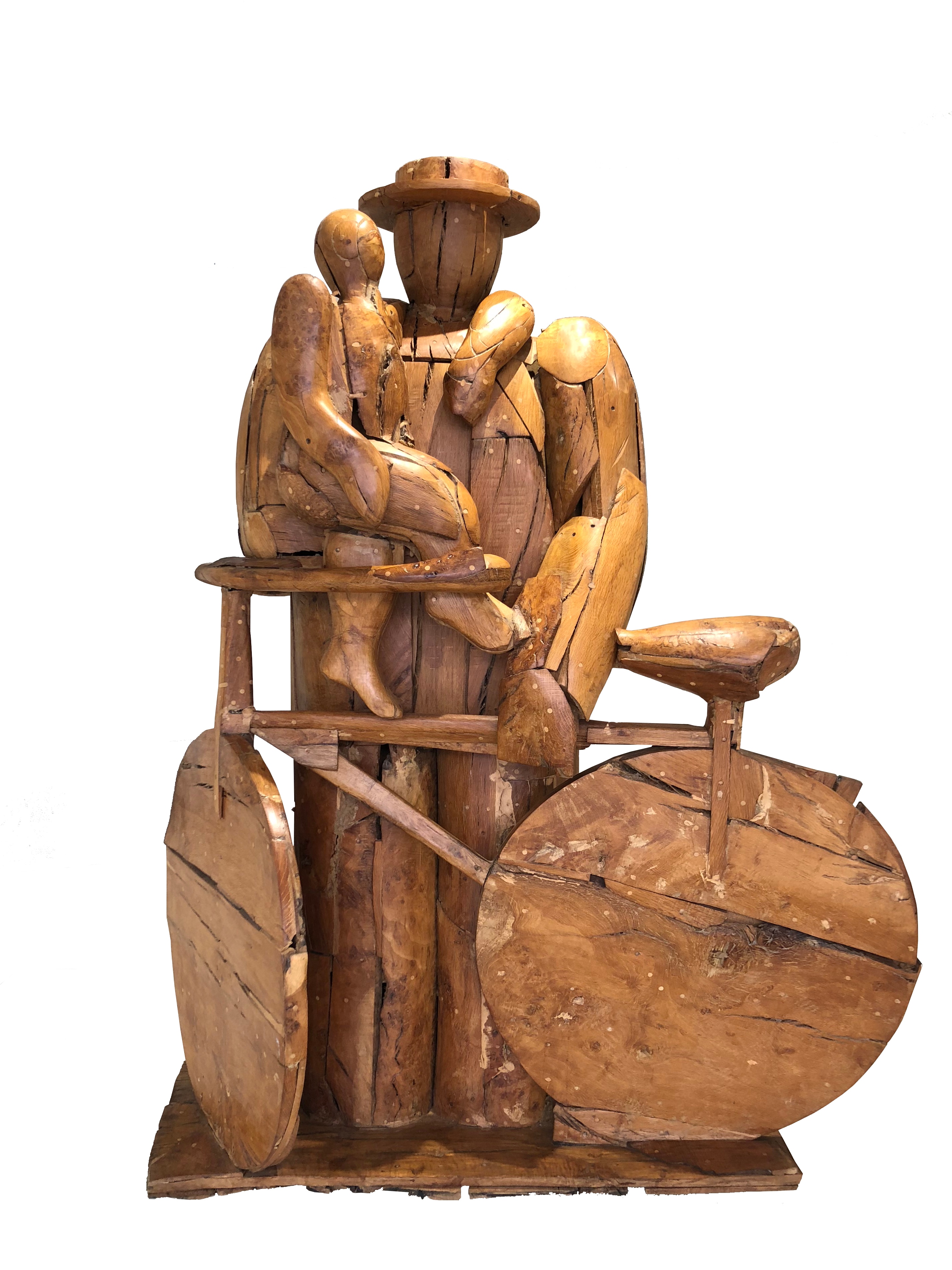 Manolo Valdés: El Ciclista (Léger Como Pretexto), 1986, legno, pezzo unico, cm 178 x 140 x66, Galleria d’Arte Contini ©Manolo Valdés by SIAE 2020