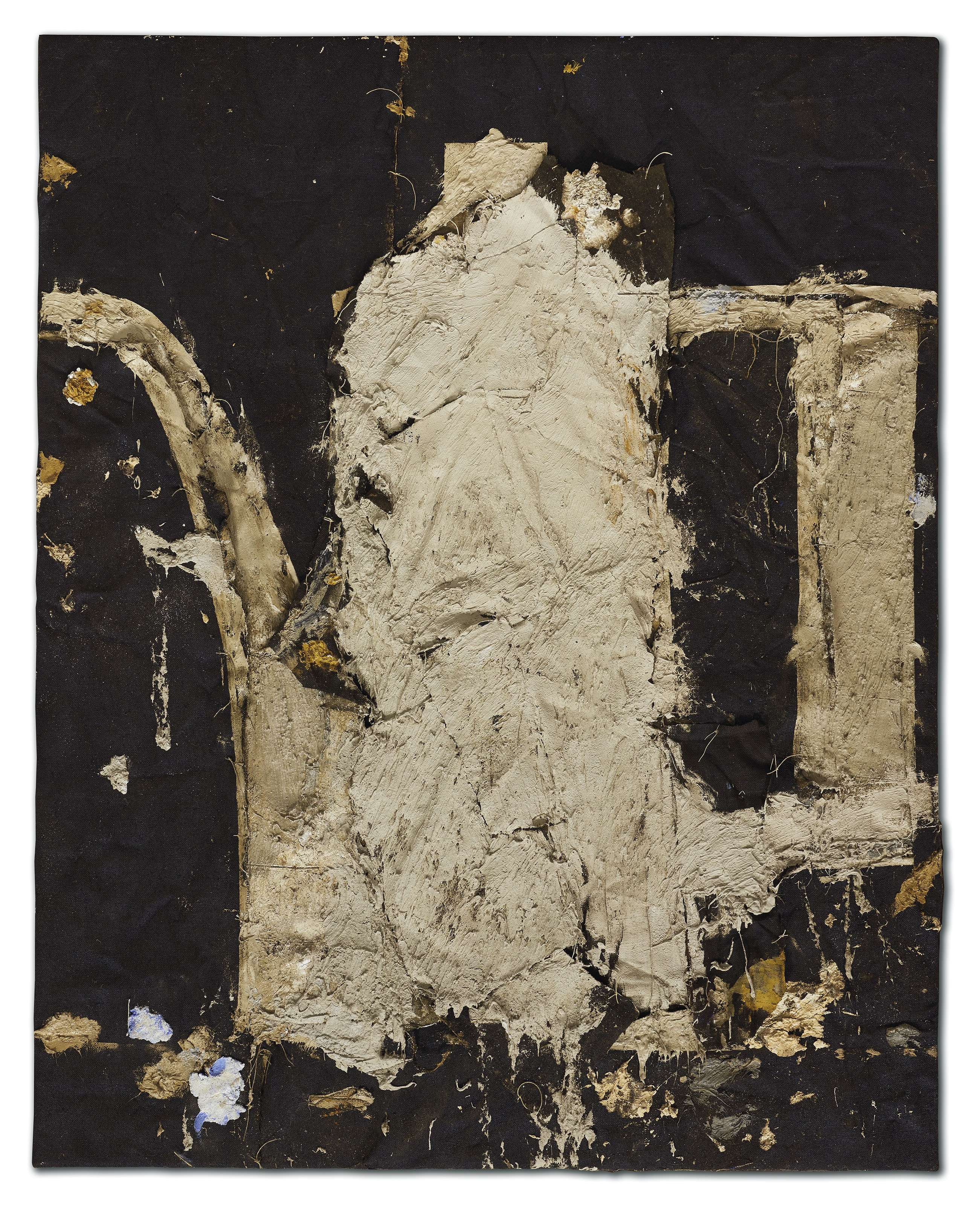 Manolo Valdés: Cafetera Blanca Sobre Fonde Negro, 1994, olio e collage su tela di juta cm 182x145, Galleria d’Arte Contini ©Manolo Valdés by SIAE 2020
