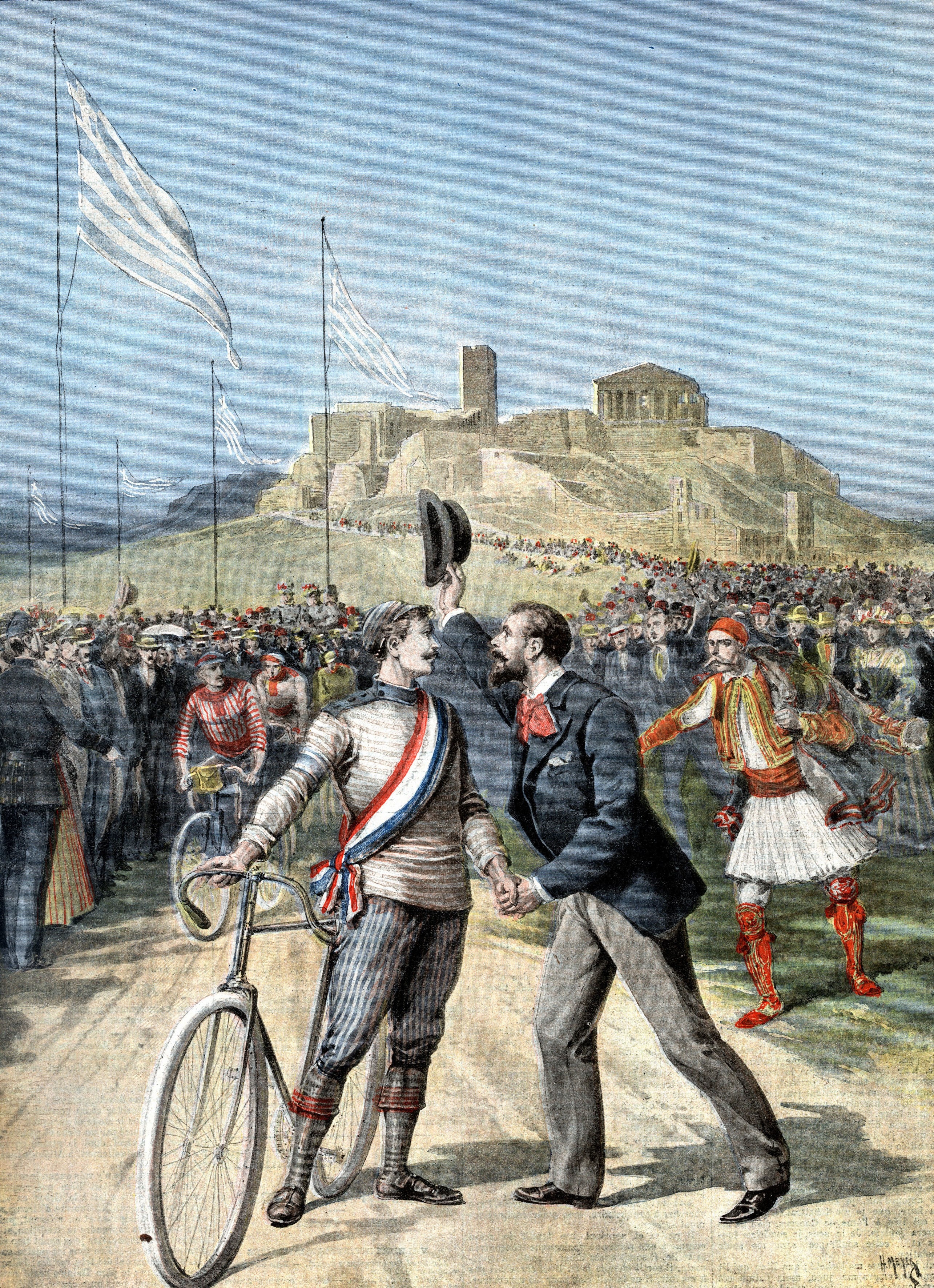 Paul Masson (1874-1945) ciclista francese, si congratula con un connazionale per aver vinto una gara ciclistica, da "Le Petit Journal" del 2​6 aprile 1896