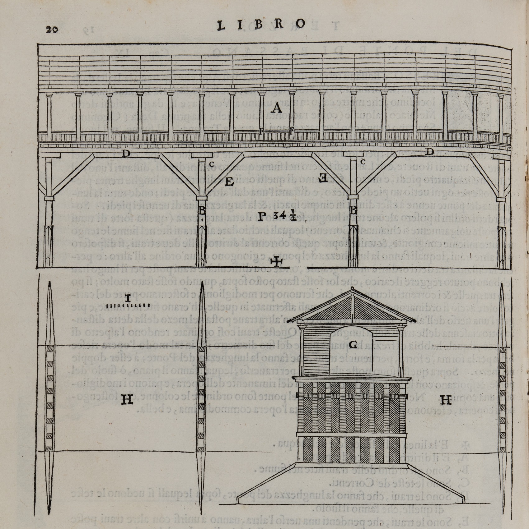 Andrea Palladio, dettaglio pagina, Pianta, profilo e sezione trasversale del ponte di Bassano, da I Quattro Libri dell’Architettura di Andrea Palladio, Venetia, Dominico de' Franceschi, Venezia 1570; 31x21,5cm, Bassano del Grappa, Biblioteca Civica. Volume appartenuto ad Antonio Canova.