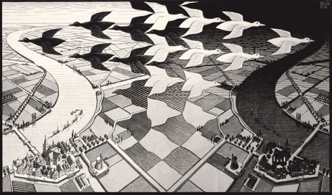 Maurits Cornelis Escher, Giorno e notte, Febbraio 1938. Xilografia, 39,1x67,7 cm, Olanda, Collezione Escher Foundation. All M.C. Escher works © 2021 The M.C. Escher Company The Netherlands. All rights reserved www.mcescher.com