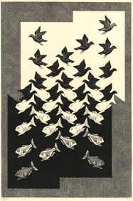 Maurits Cornelis Escher, Cielo e acqua II, 1938. Xilografia, 63,3x40,7 cm, Collezione privata, Italia All M.C. Escher works © 2021 The M.C. Escher Company The Netherlands. All rights reserved www.mcescher.com