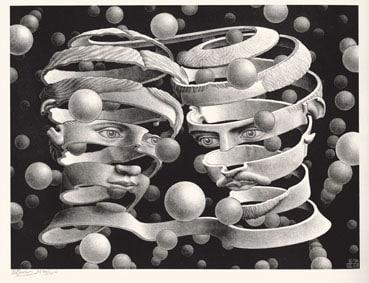 Maurits Cornelis Escher, Vincolo d’unione, Aprile 1956. Litografia, 25,3x33,9 cm, Olanda, Collezione Escher Foundation All M.C. Escher works © 2021 The M.C. Escher Company The Netherlands. All rights reserved www.mcescher.com