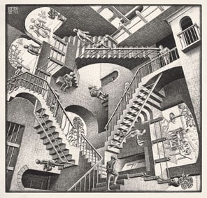 Maurits Cornelis Escher, Relatività, 1953. Litografia, 27,7x29,2 cm, Olanda, Collezione Escher Foundation All M.C. Escher works © 2021 The M.C. Escher Company The Netherlands. All rights reserved www.mcescher.com