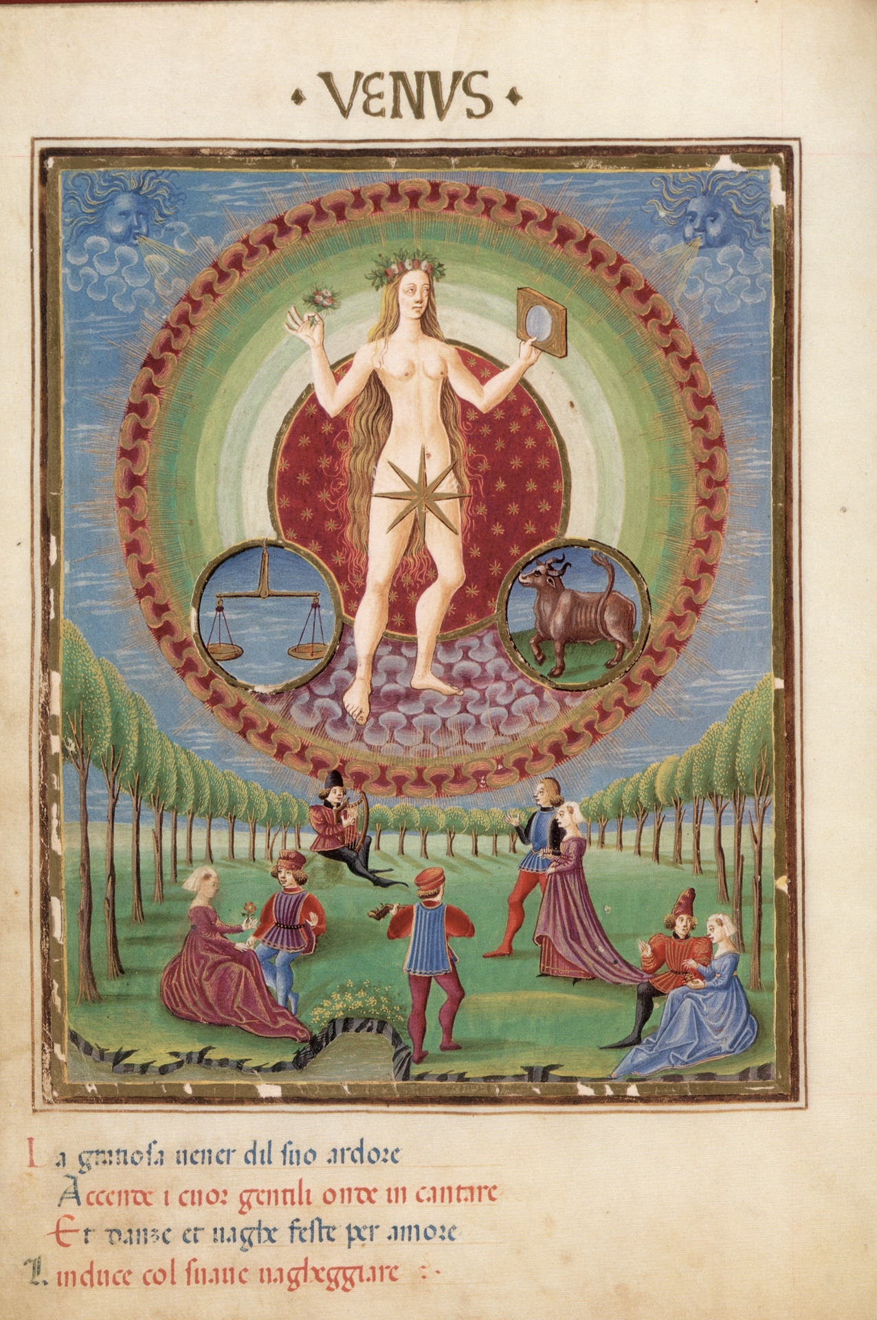 (?) Cristoforo de Predis Venere Planetaria e Figli di Venere miniature in Sphærae coelestis et planetarum descriptio (De Sphæra) commentario al Tractatus De Sphæra di Johannes Sacrobosco (1230 circa) integrato da versi di Francesco Filelfo, 1465 – 1475 circa. Manoscritto miniato, 245 x 165 x 2 mm, Modena, Biblioteca Estense Universitaria.