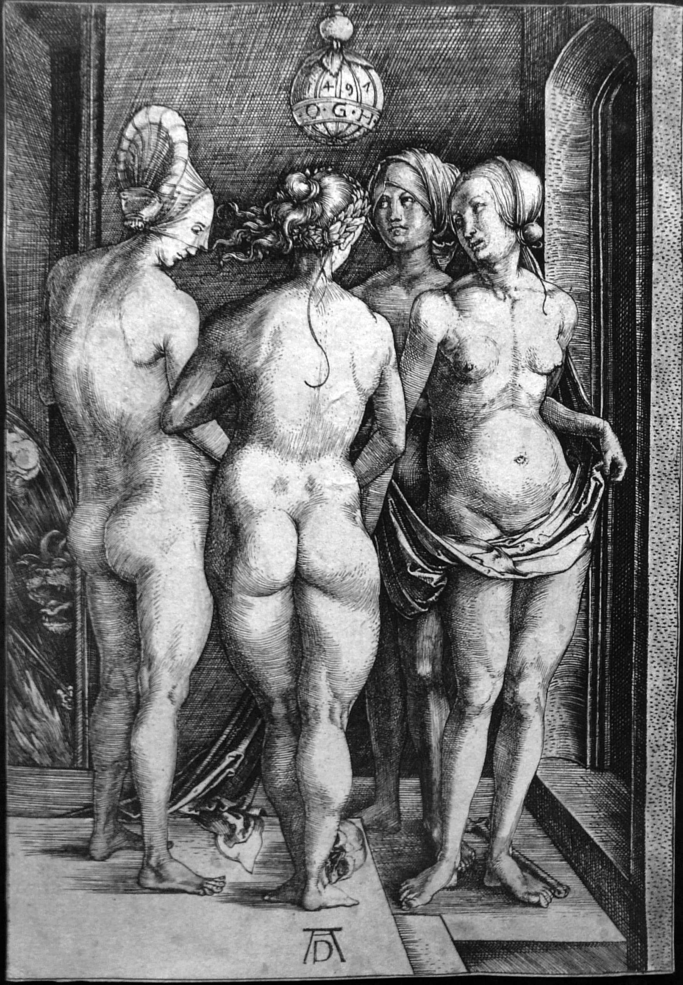 Albrecht Dürer, Le quattro Streghe, 1497. Incisione a bulino, 190 x 131 mm, Pavia, collezione Giuseppe Simoni.