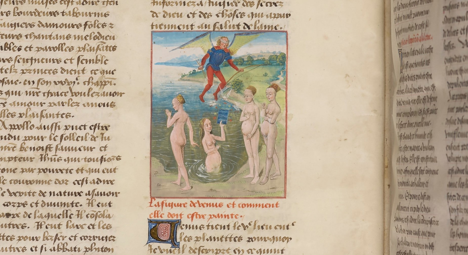 Bottega di (?) Maître de Rambures, La figure de Venus et comment elle doit estre painte. Miniatura in Les Metamorphoses d’Ovide, traduites [en vers français] et moralisées, XV secolo. Manoscritto miniato, 440 x 330 mm, Copenhagen, Det Kgl. Bibliotek.