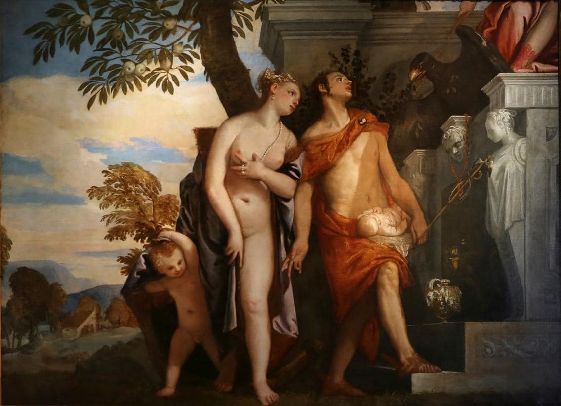 Paolo Caliari detto il Veronese, Venere e Mercurio presentano a Giove Eros e Anteros, 1560-62 circa. Olio su tela, 150 x 243 cm, Firenze, Galleria degli Uffizi.