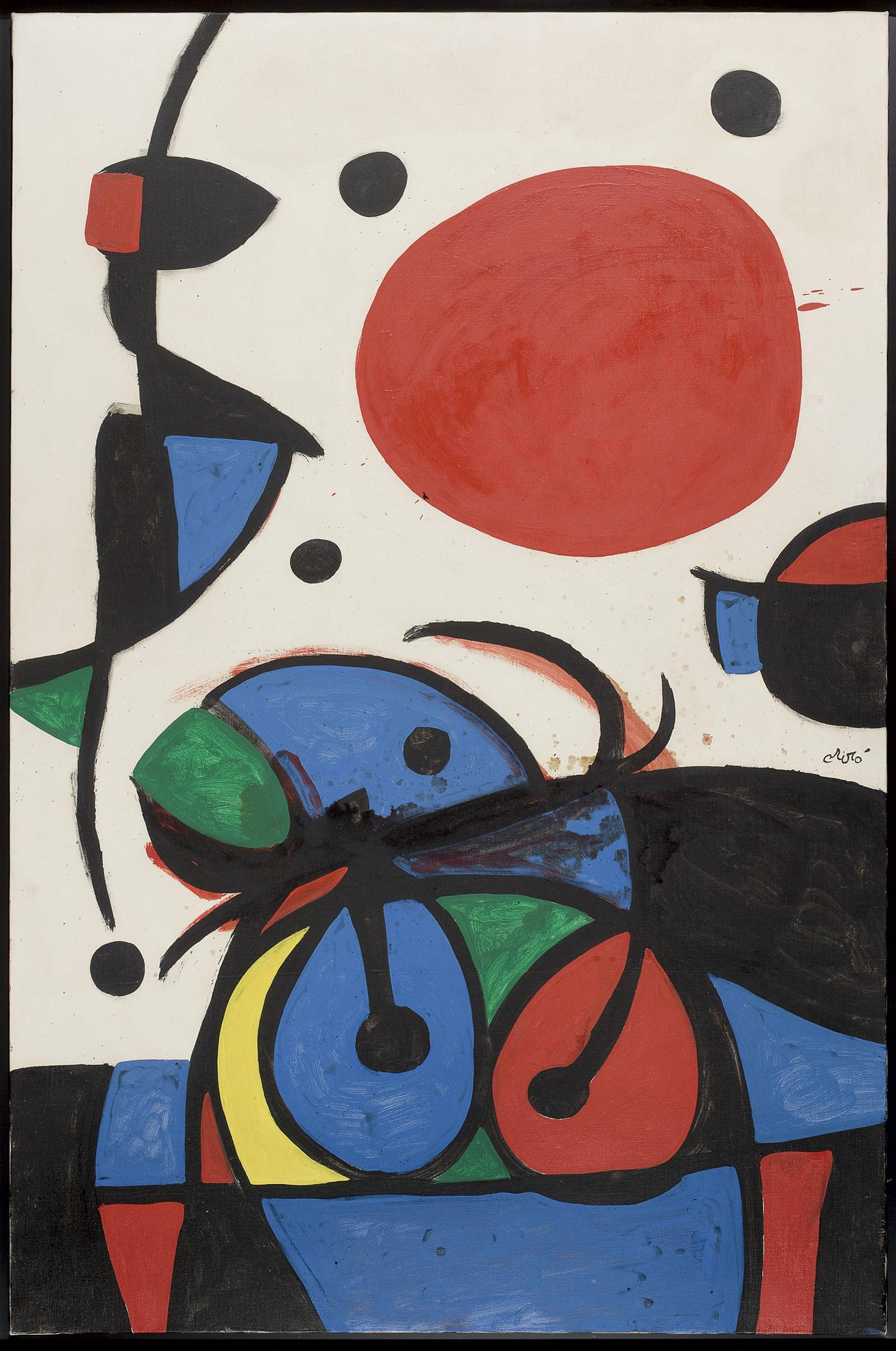 Joan Miró, Personnage et oiseaux devant le soleil, 1976, olio su tela. Foto Gabriel Ramon. Archivo Successió Miró © Successió Miró ADAGP, Paris