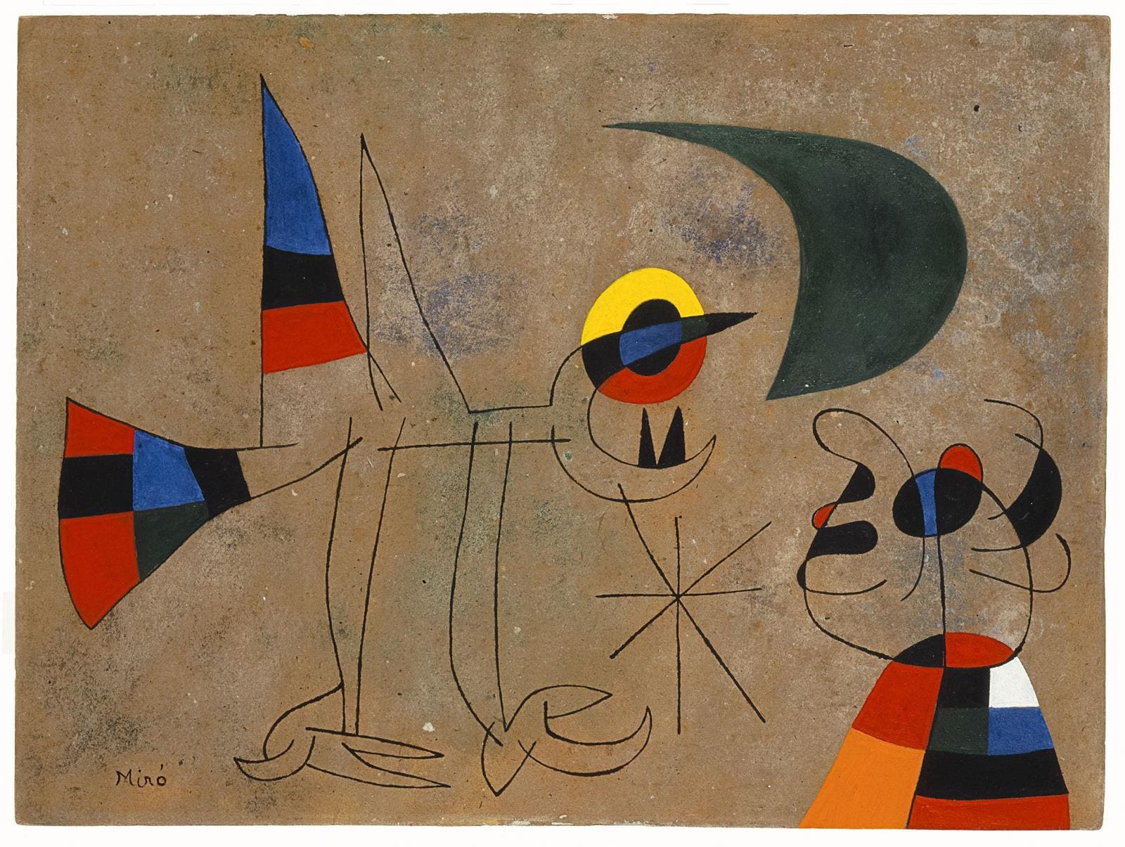 Joan Miró, Le Chant de l'oiseau à la rosée de la lune, 1955, olio su cartone. Foto Joan Ramon Bonet. Archivo Successió Miró © Successió Miró ADAGP, Paris