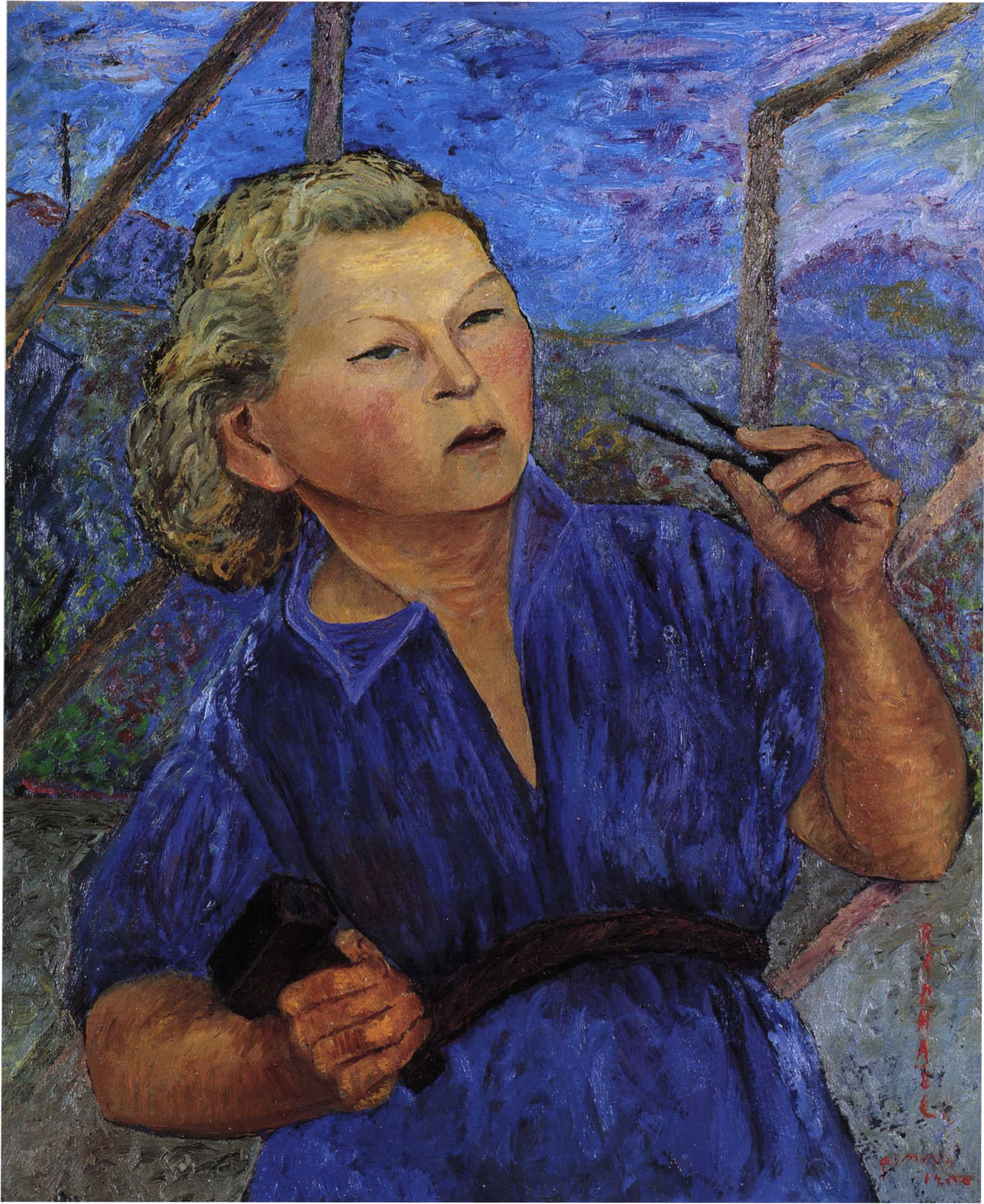 Antonietta Raphaël “Autoritratto con tuta blu”, 1940 ca. Olio su tavola, cm 77 x 63. Galleria del Laocoonte, Roma/Londra