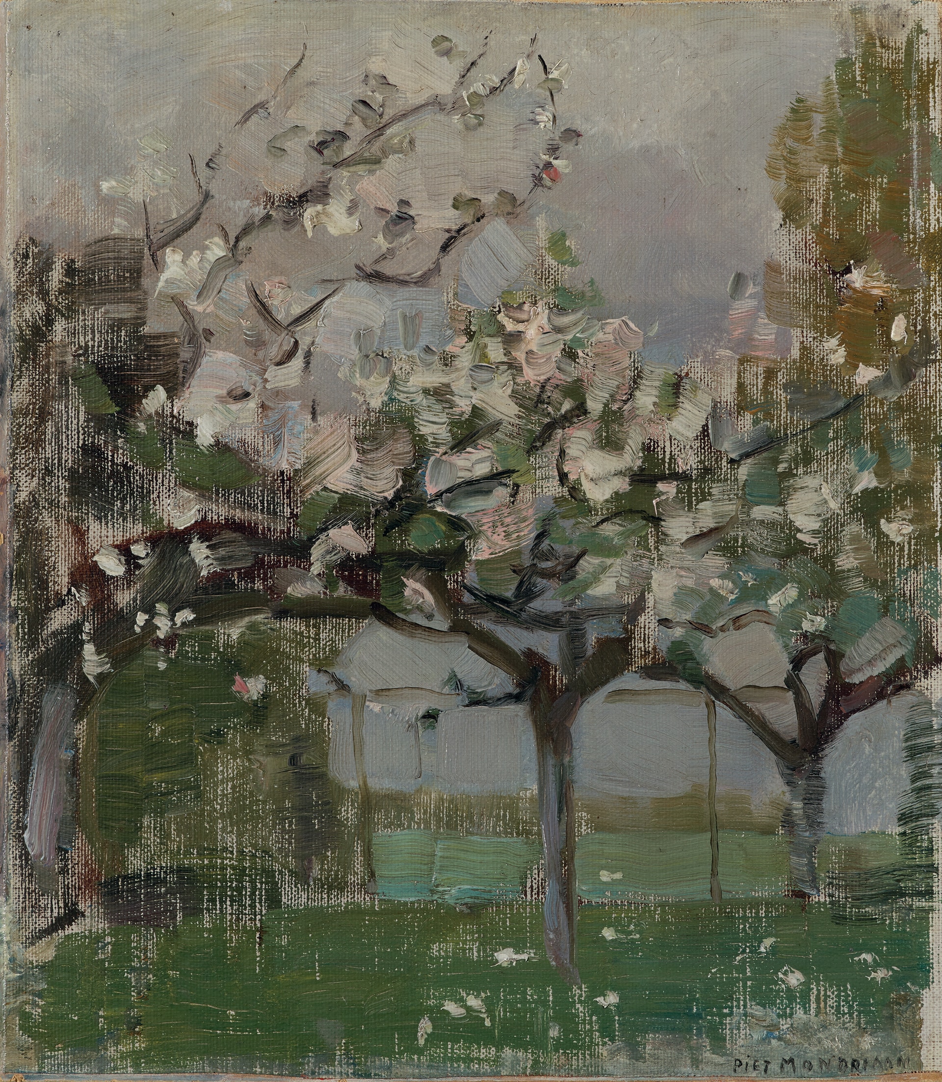 Piet Mondrian (1872-1944): Alberi in fiore, 1902-1905 o 1916-1918. Olio su tela su cartoncino. Kunstmuseum Den Haag