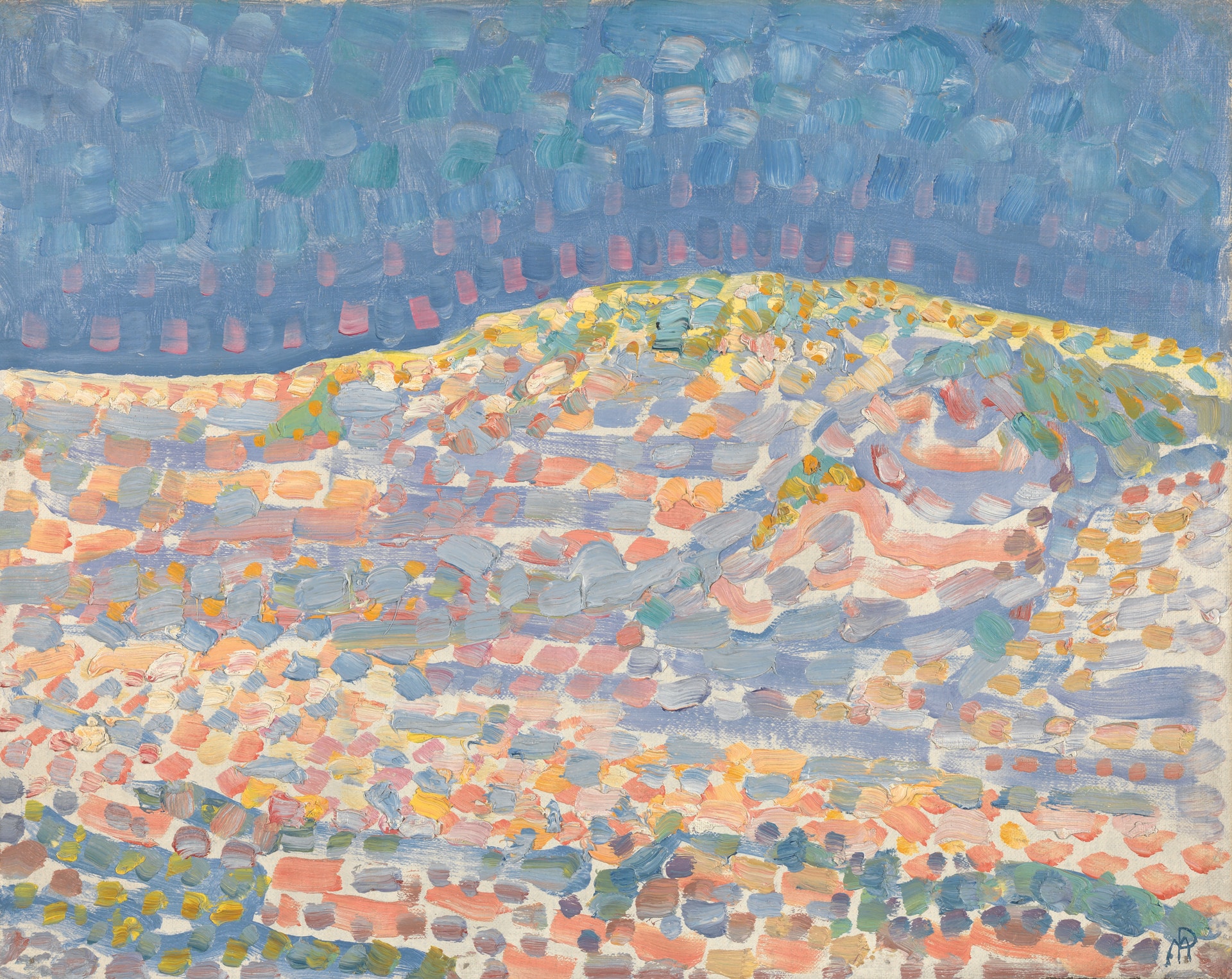 Piet Mondrian (1872-1944): Studio pointilliste di una duna con crinale a destra, 1909. Olio su tela. Kunstmuseum Den Haag