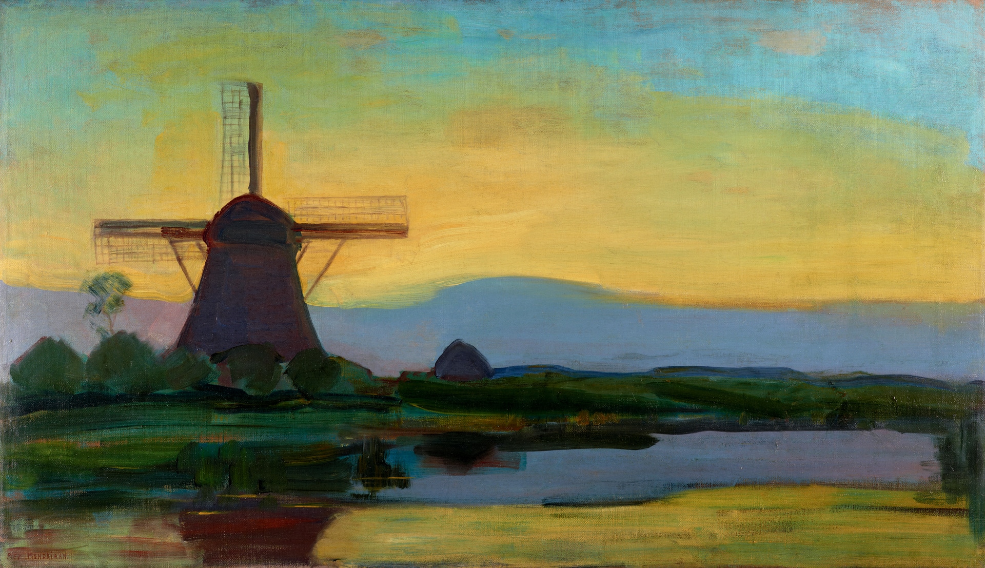 Piet Mondrian (1872-1944): Mulino Oostzijdse con cielo blu, giallo e viola, c. 1907-1908. Olio su tela. Kunstmuseum Den Haag