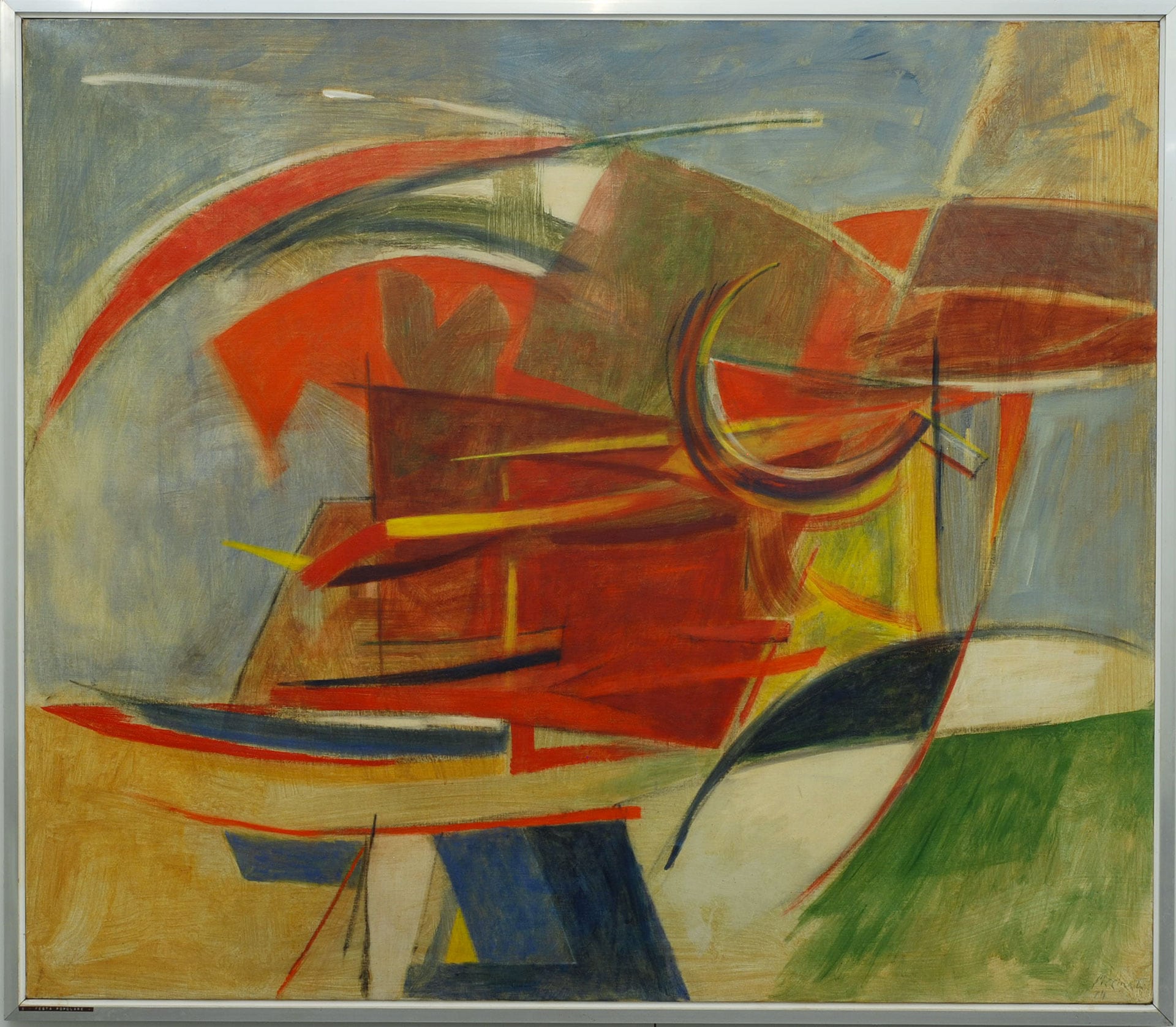 Armando Pizzinato (Maniagio, 1910 – Venezia, 2004), Festa popolare, 1974. Olio e tempera su tela, cm. 128x148
