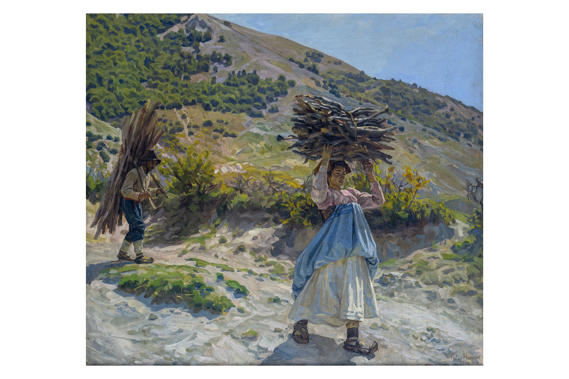 Peter Marius Hansen "Brændet bæres ned" / Trasporto a valle della legna da ardere, 1904. Olio su tela cm 65 x 73 
