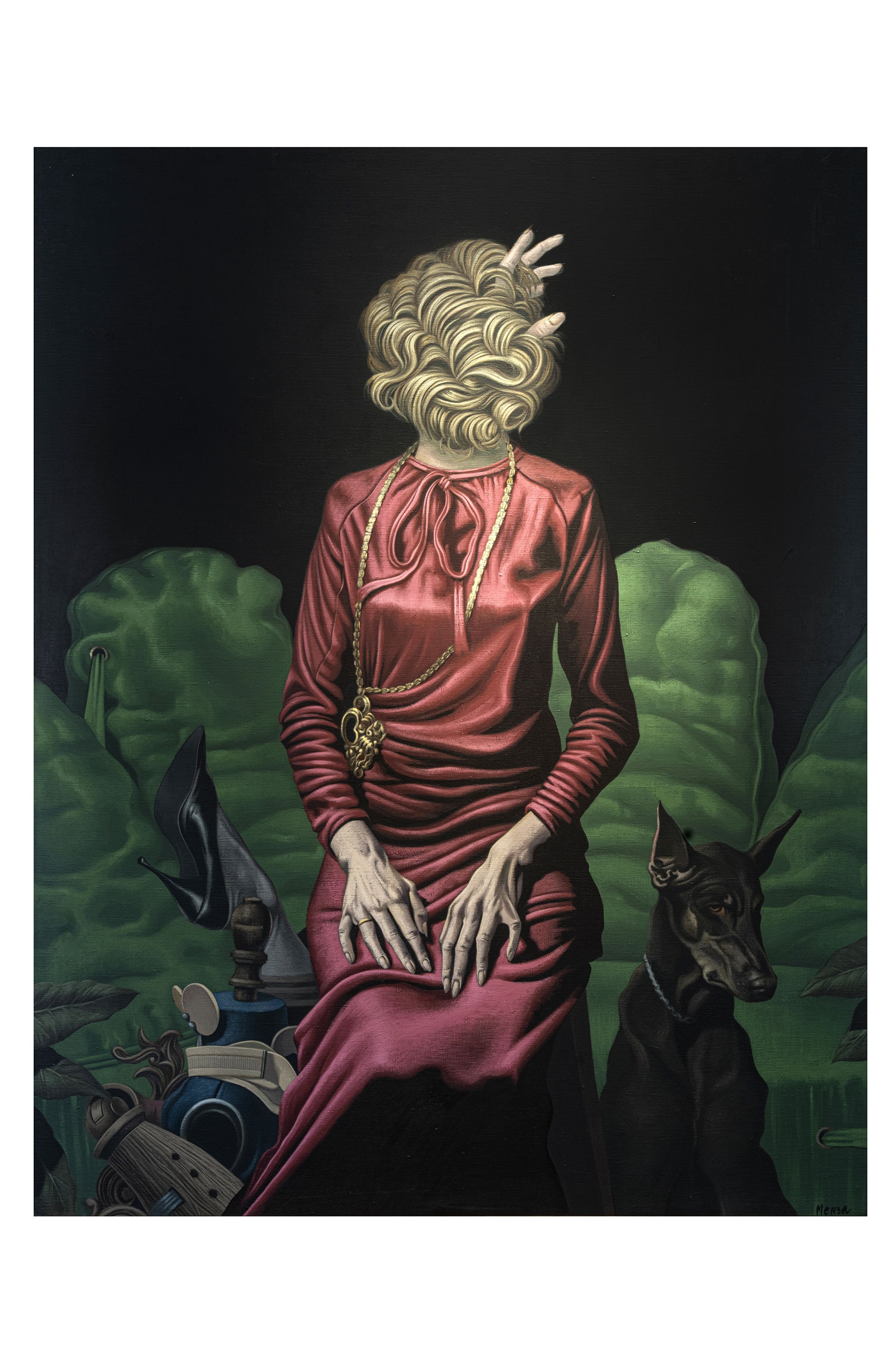 Carlos Mensa "La dama del doberman", 1973. Olio su tela, cm 146x112 