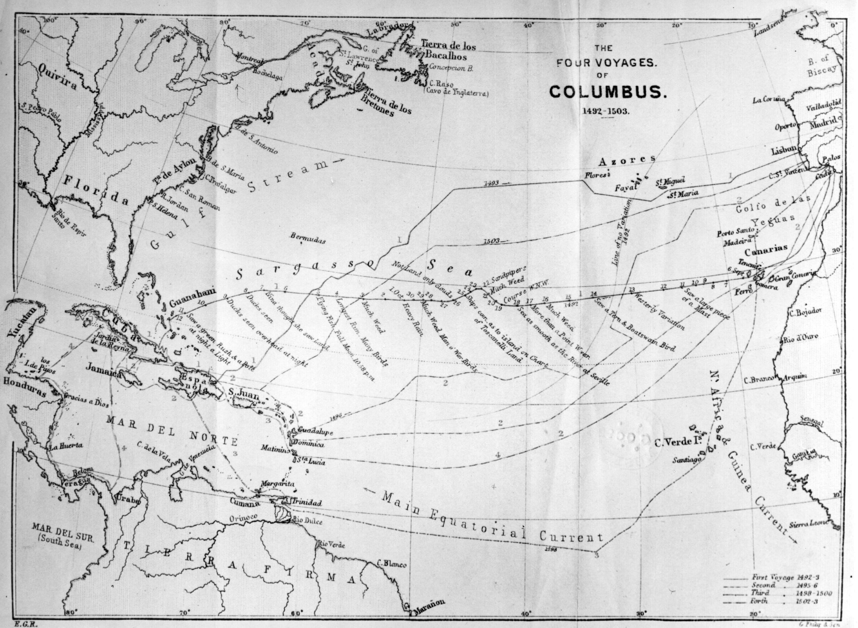 Una mappa dei quattro viaggi del navigatore italiano Cristoforo Colombo, tratta dall'opera "I grandi esploratori del mondo", di J Scott Keltic, del 1889