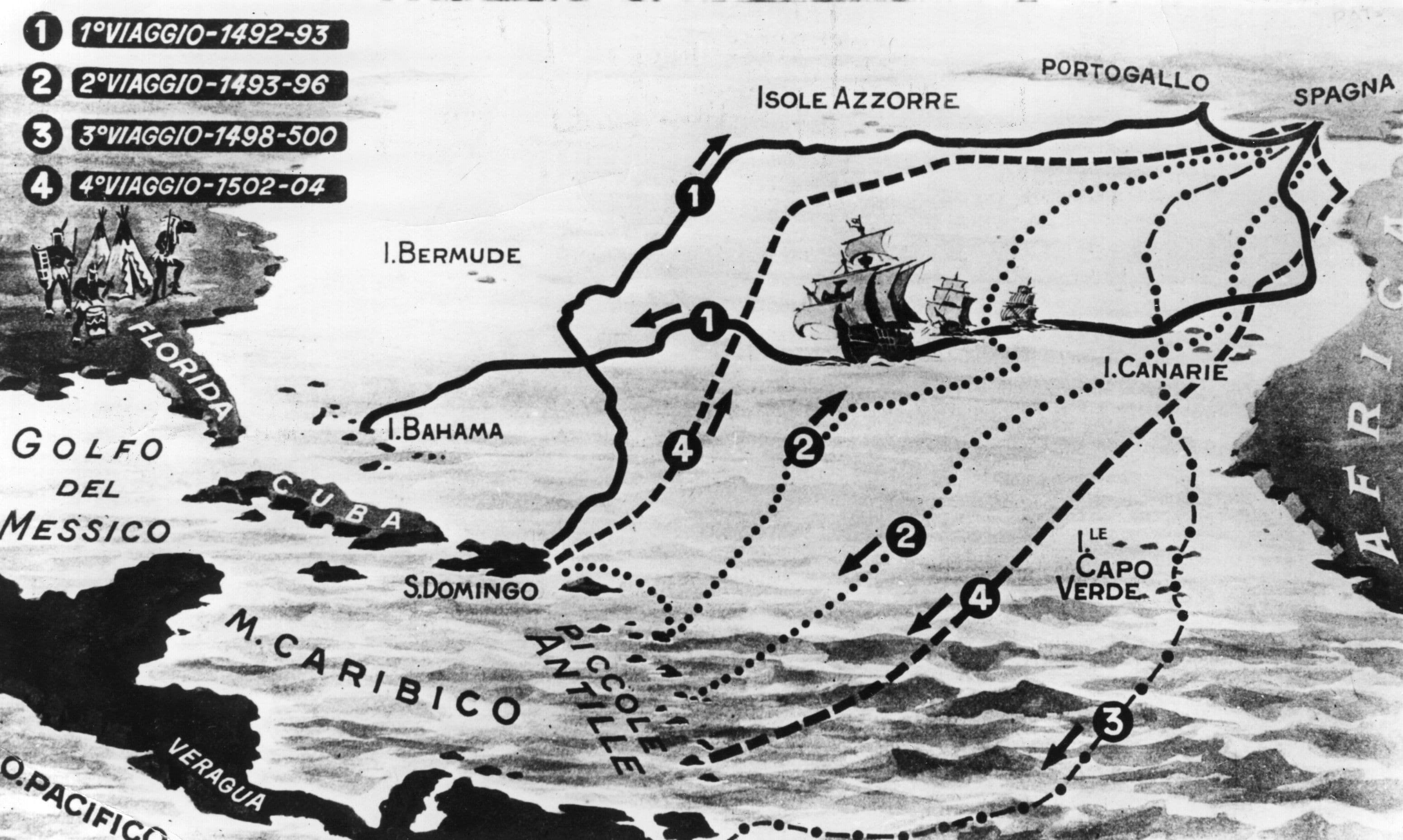 Una mappa dei suoi quattro viaggi compiuti verso l'America, tra il 1492 e il 1504