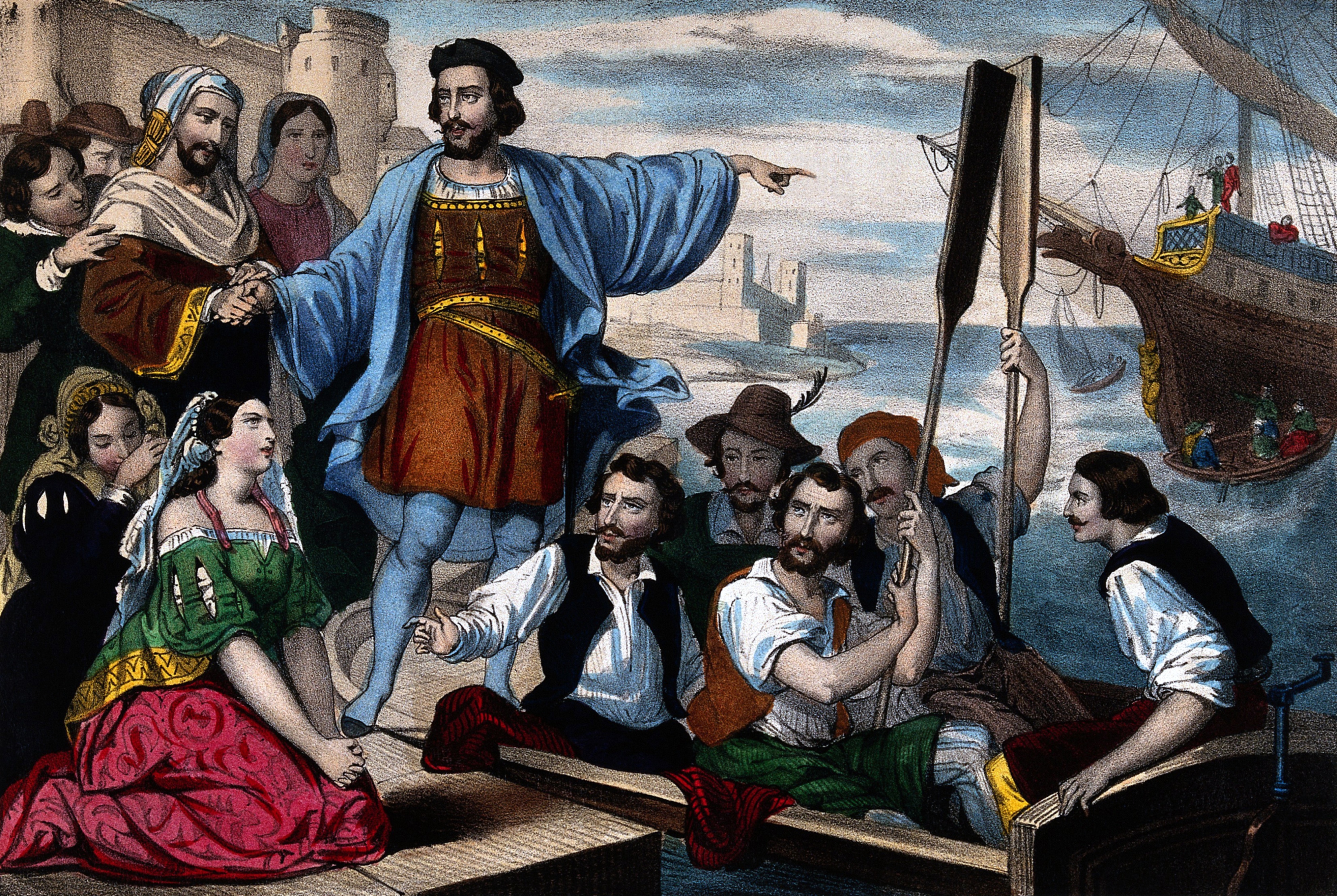 Una stampa del 1500 circa, rappresenta la partenza di Colombo per il suo viaggio verso l'America